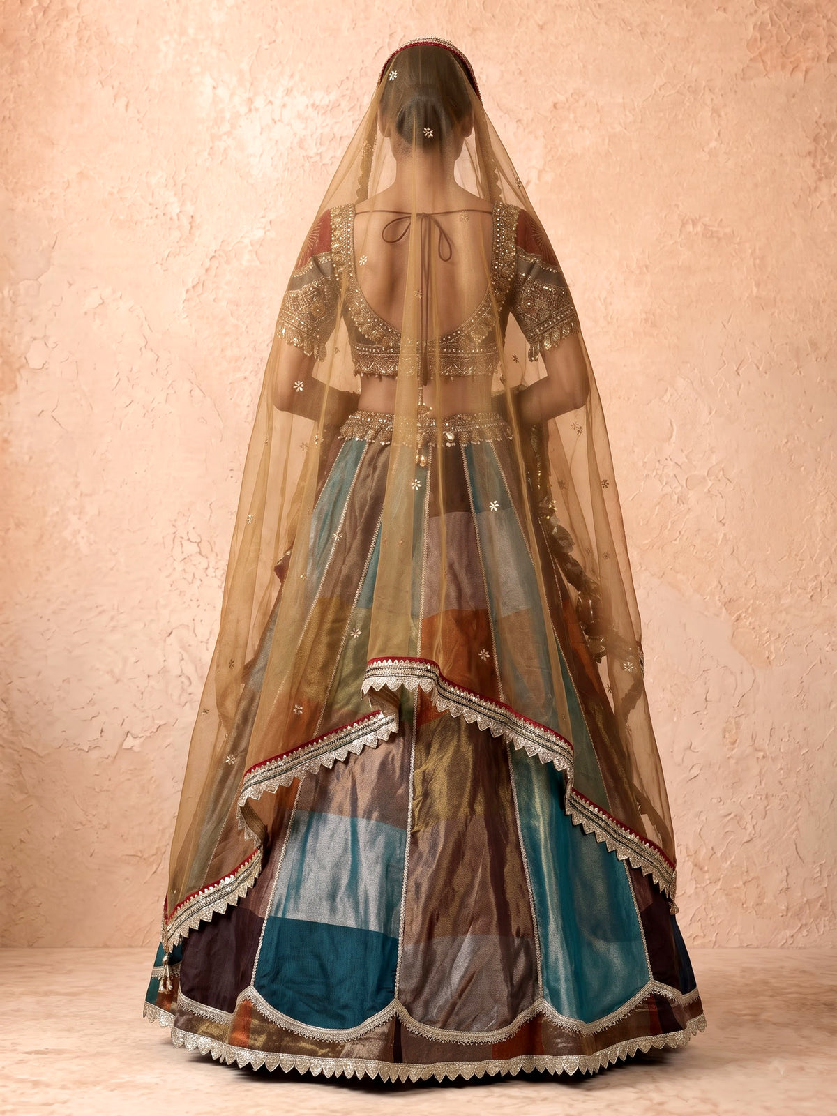 Multicolour silk lehenga choli with peacock motifs and gota embellishments