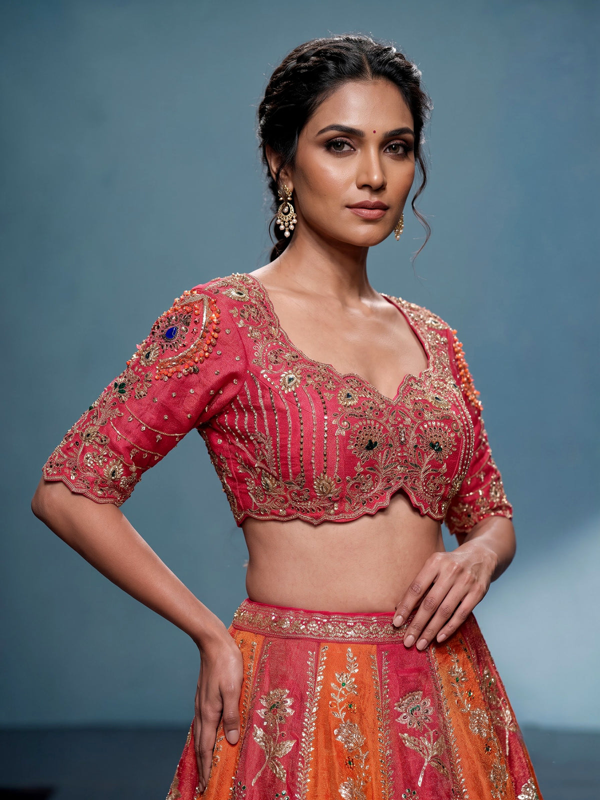 Multicolour silk lehenga choli with floral motifs and embellishments