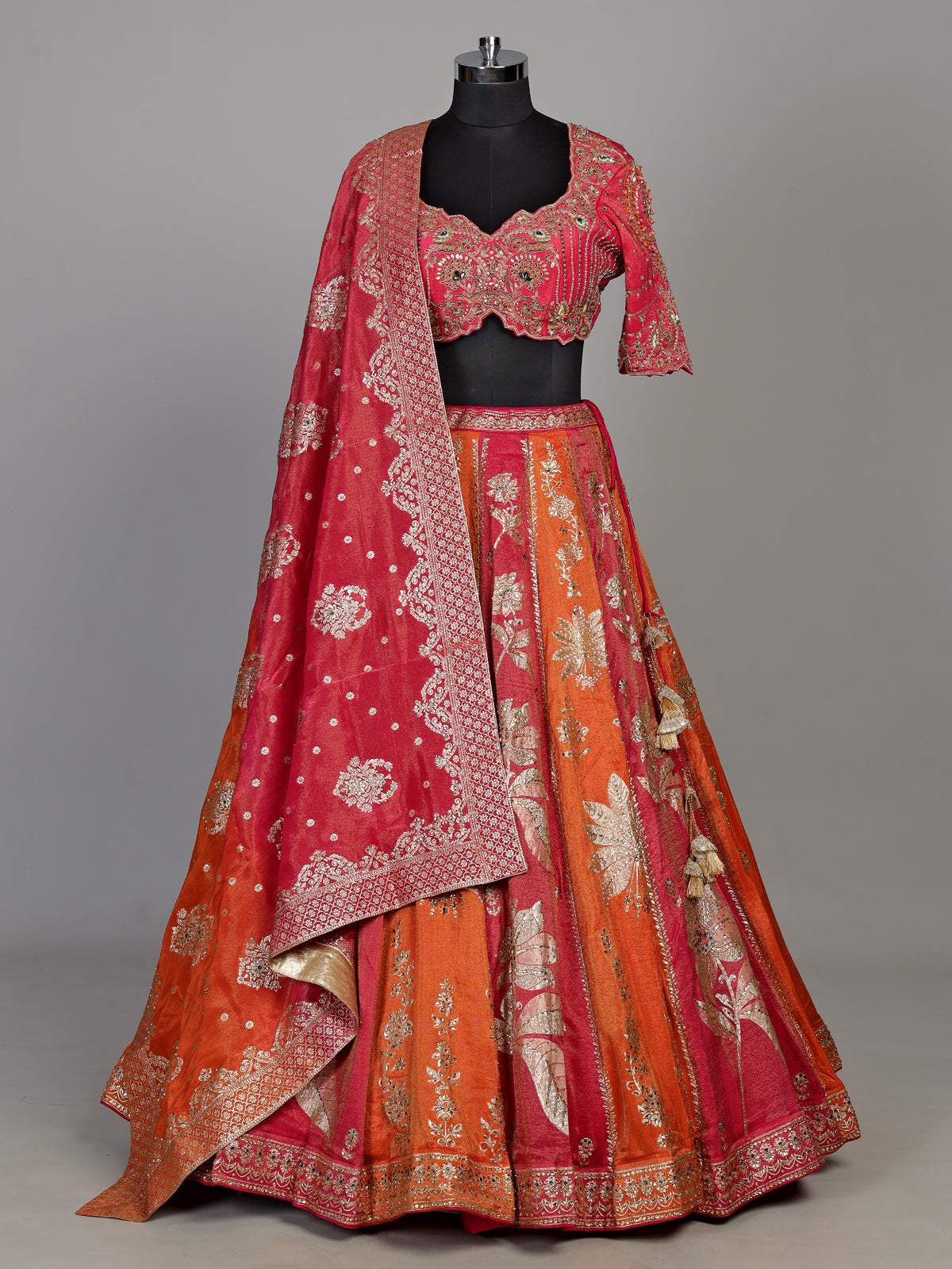 Multicolour silk lehenga choli with floral motifs and embellishments
