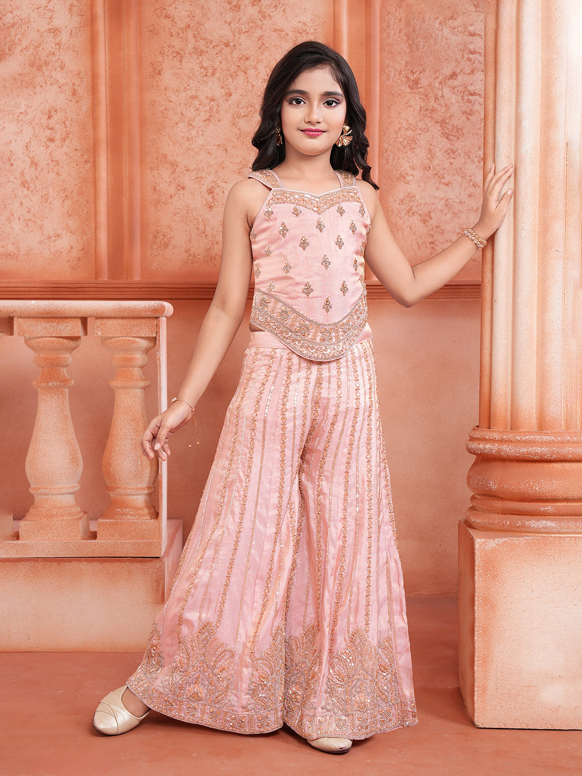Pink mughal artistry girl palazzo suit