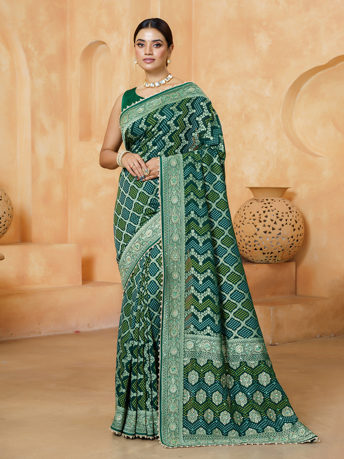 Green embellished bandhani georgette women saree