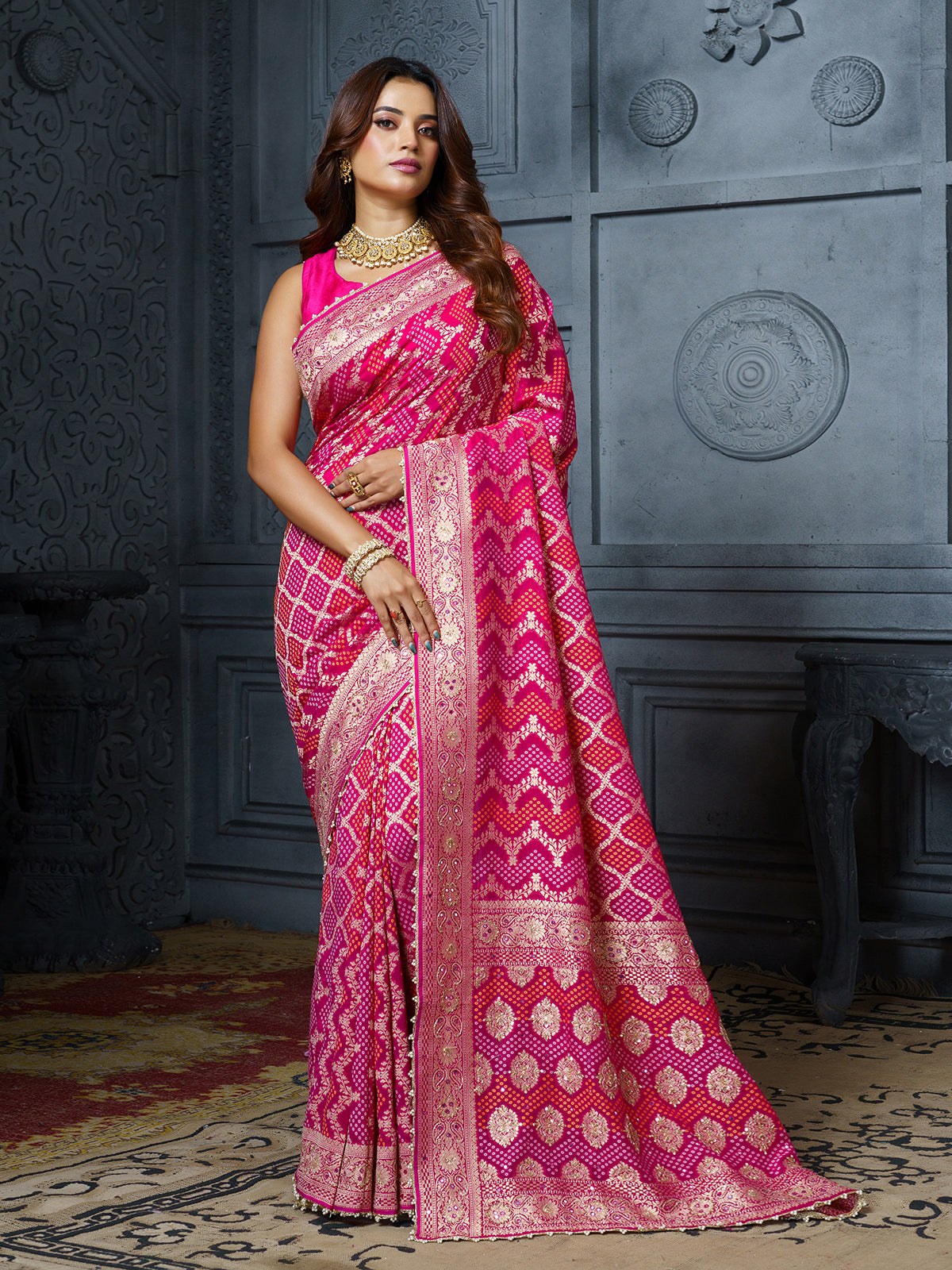 Rani pink ornate bandhani georgette women saree