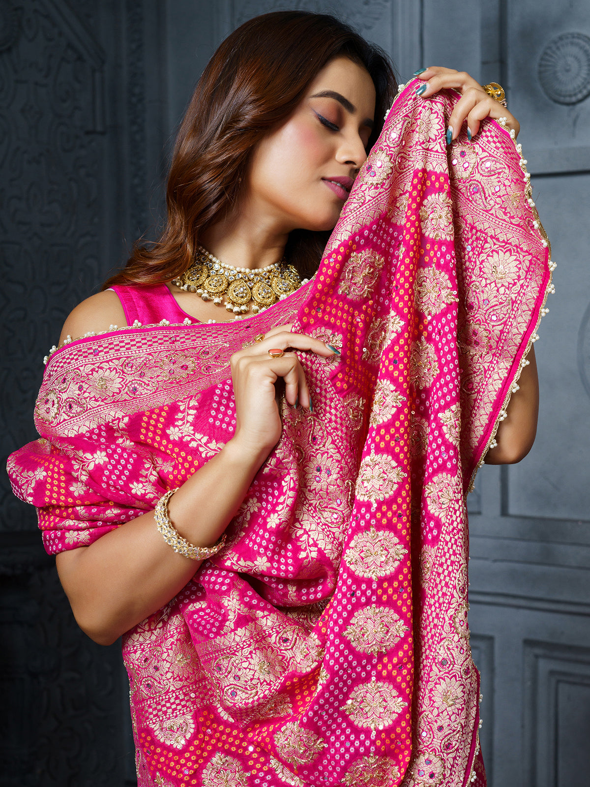 Rani pink ornate bandhani georgette women saree