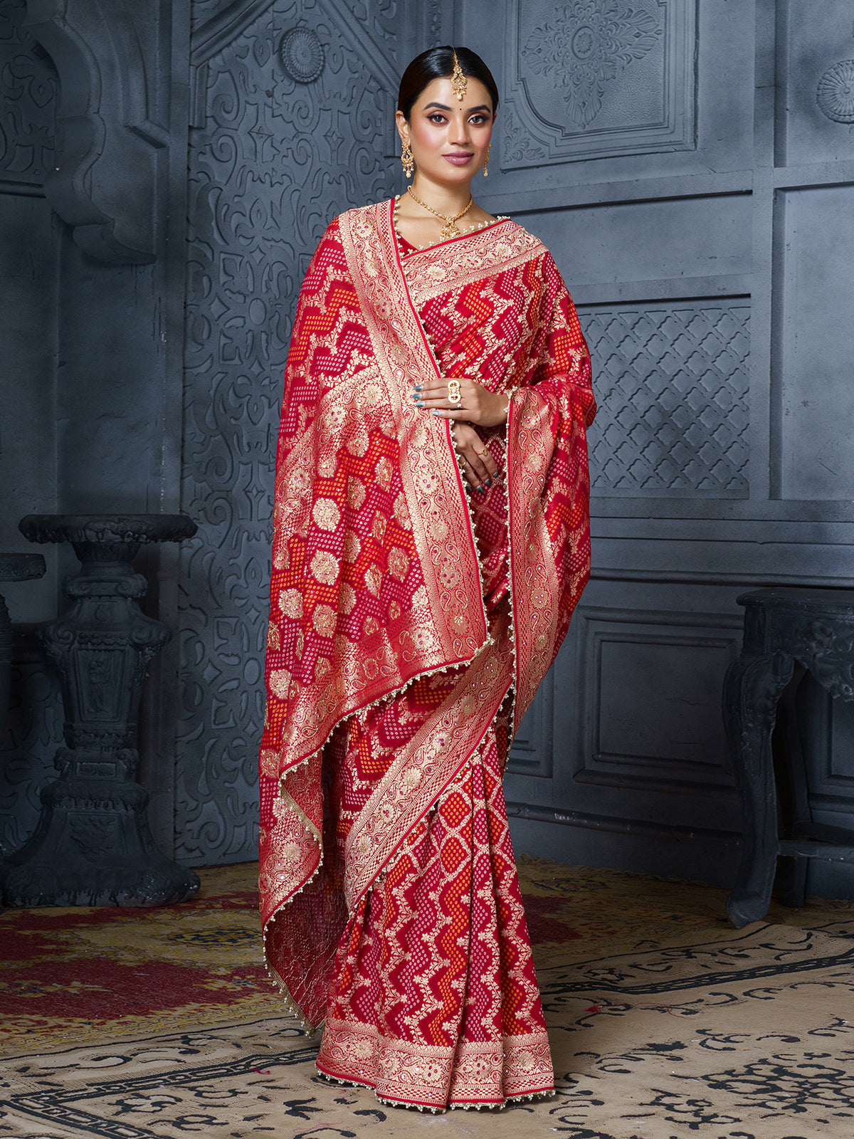 Red bridal bandhani georgette women saree