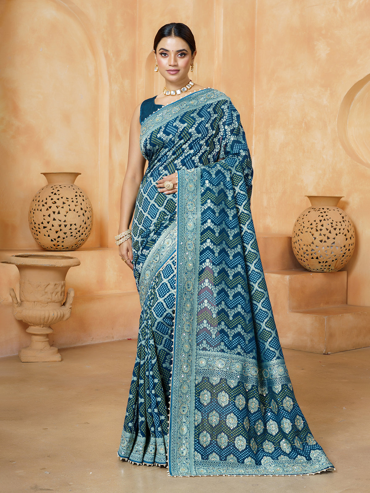 Teal blue festive bandhani georgette women saree