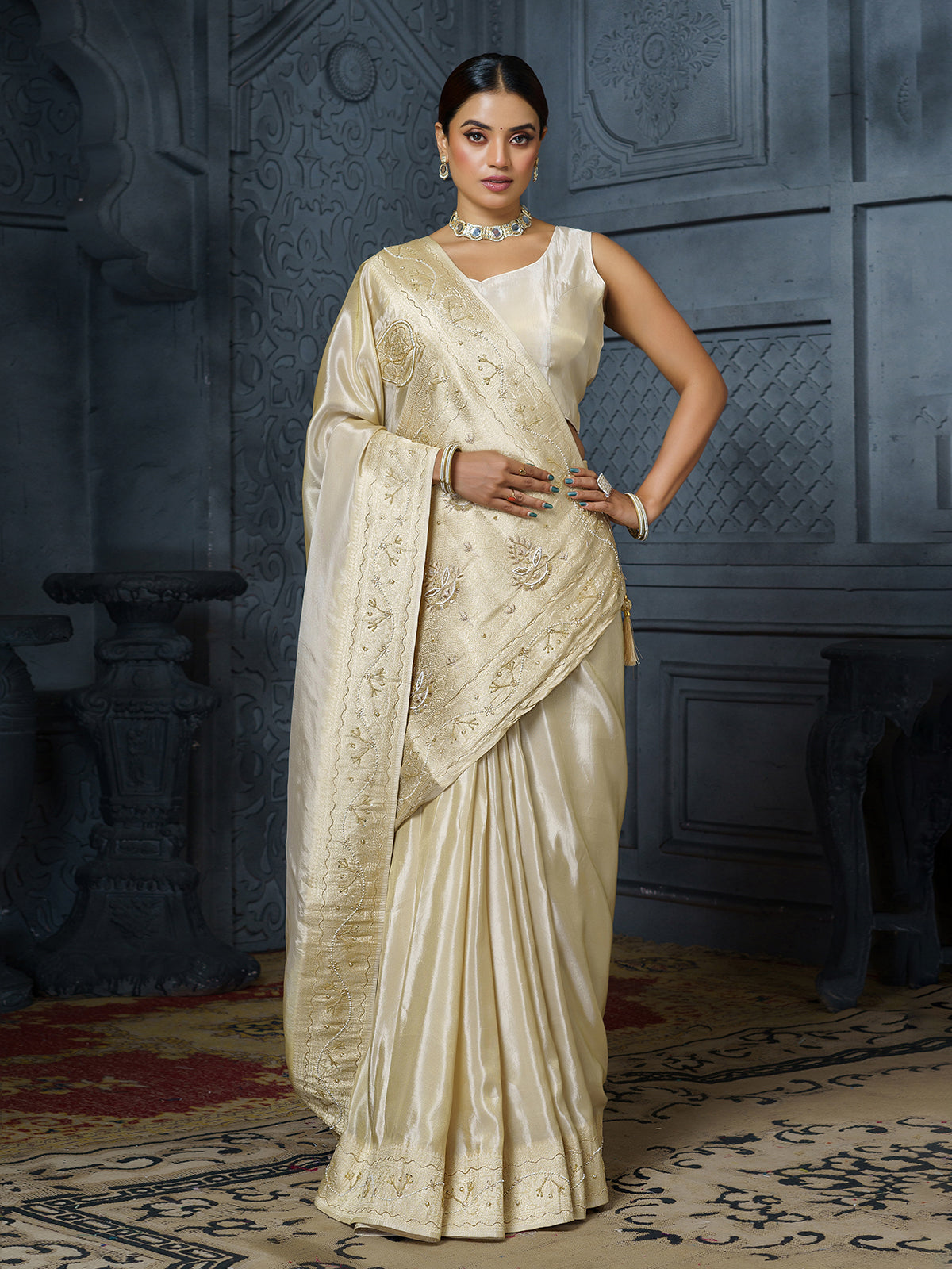 Premium pastel cream floral brocade tissue saree for women
