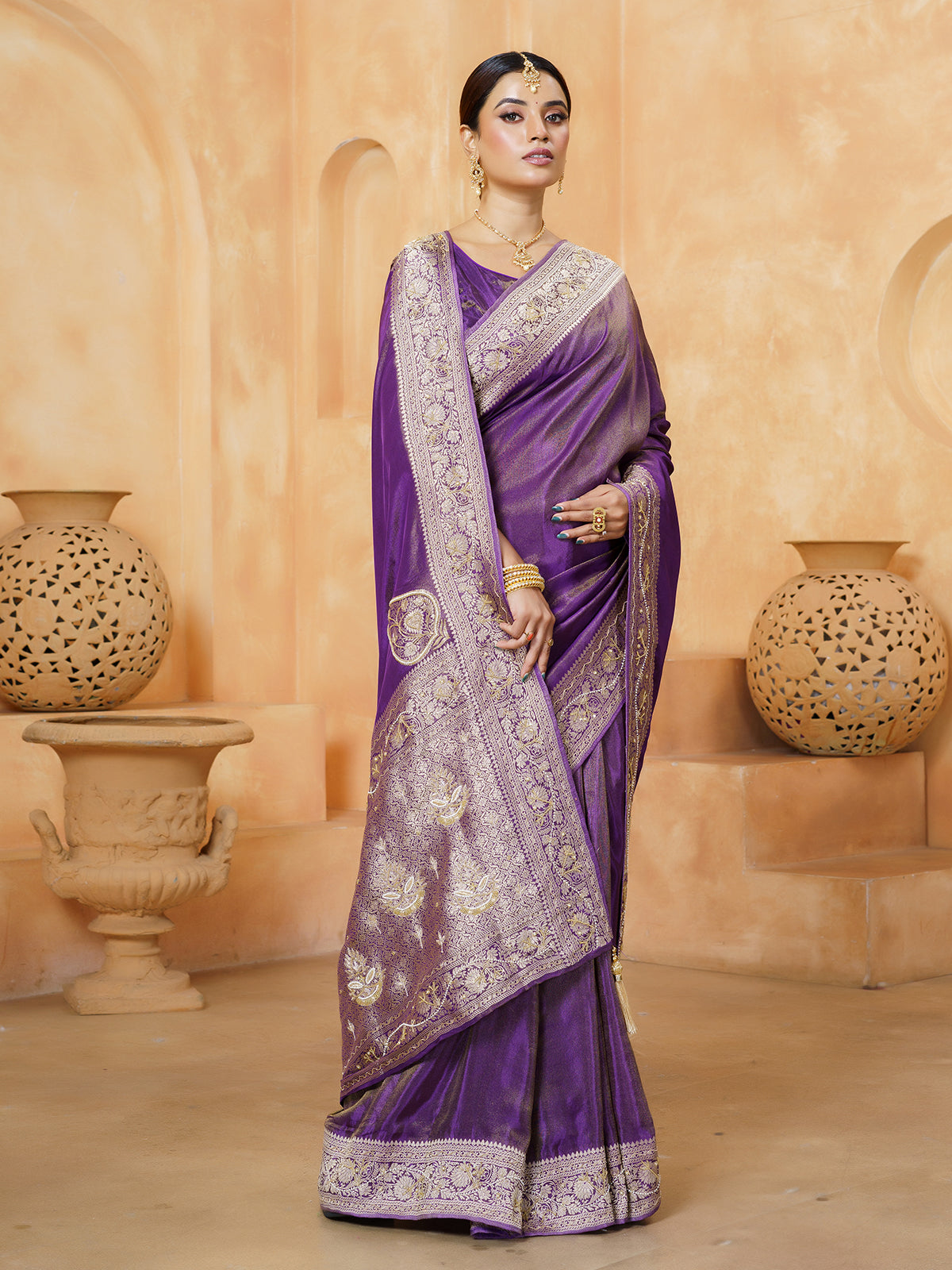 Royal purple ornate paisley tissue saree for women