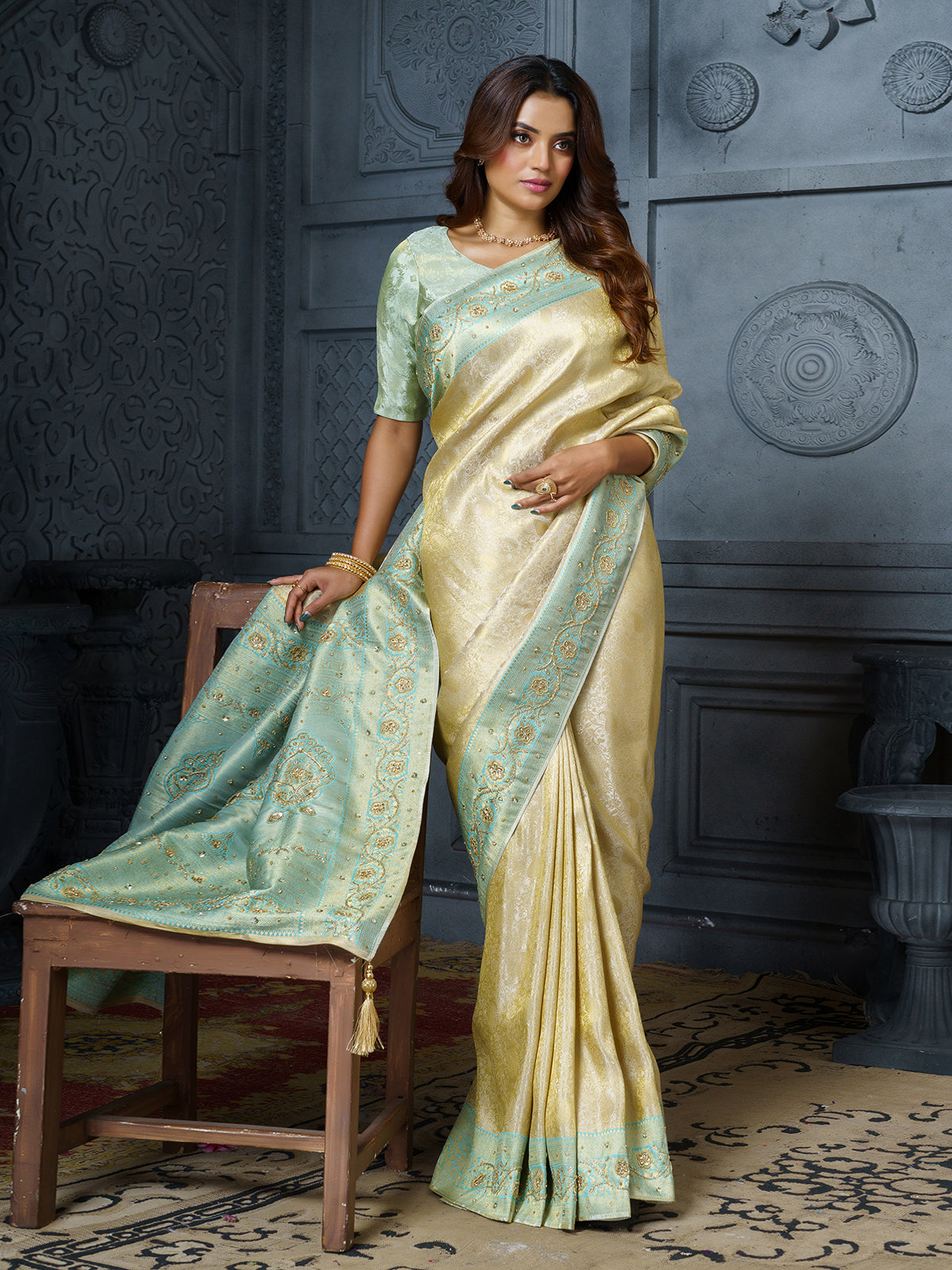 Ivory mint blue woven floral premium saree for women
