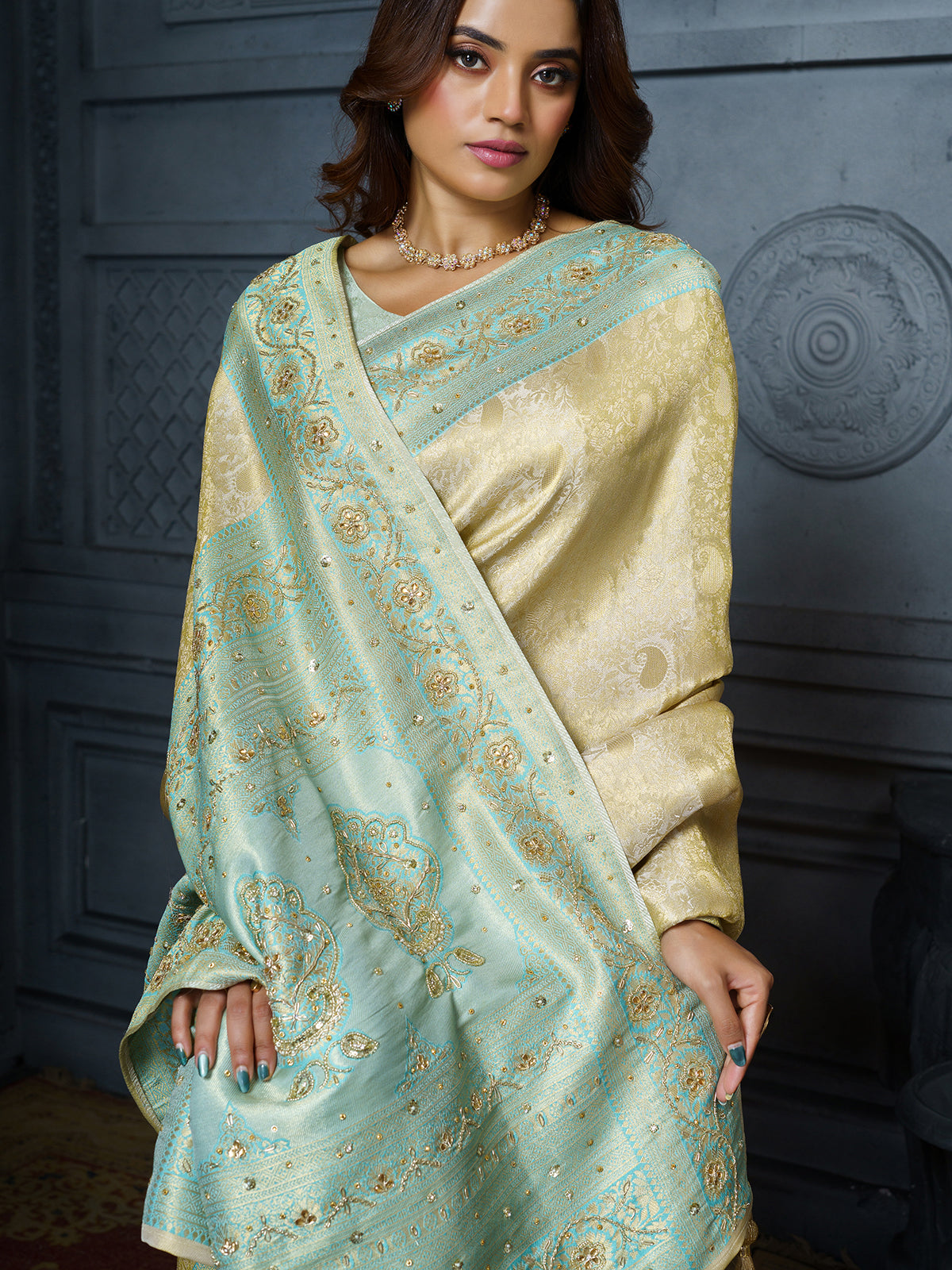 Ivory mint blue woven floral premium saree for women