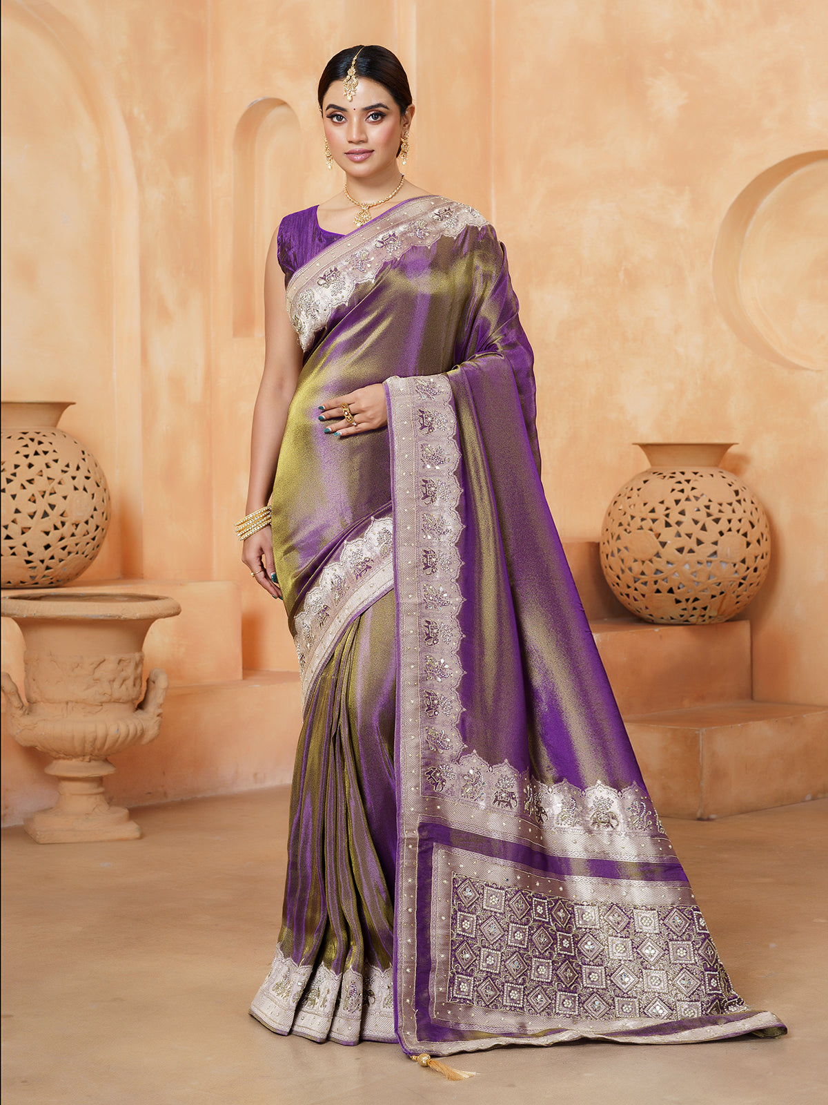 Pastel purple metallic floral tissue saree for women