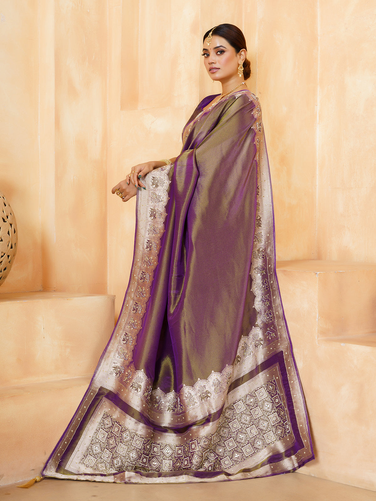 Pastel purple metallic floral tissue saree for women
