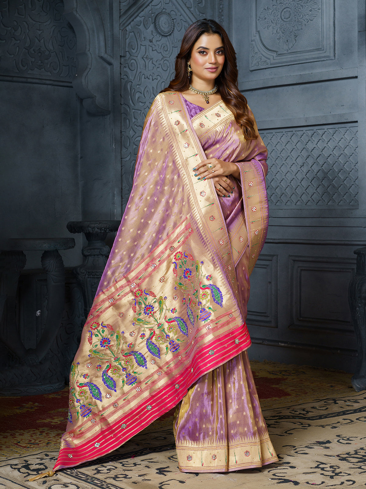 Pastel lavender floral bird work premium tissue saree for women