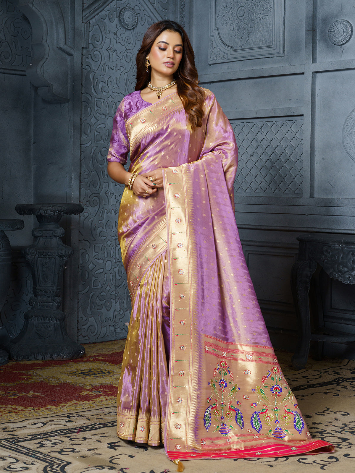 Pastel lavender floral bird work premium tissue saree for women