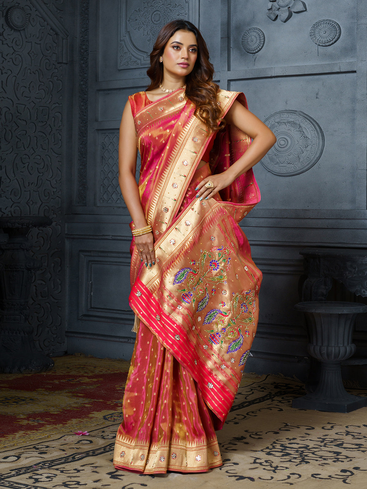 Pastel rani pink tree of life tissue saree for women