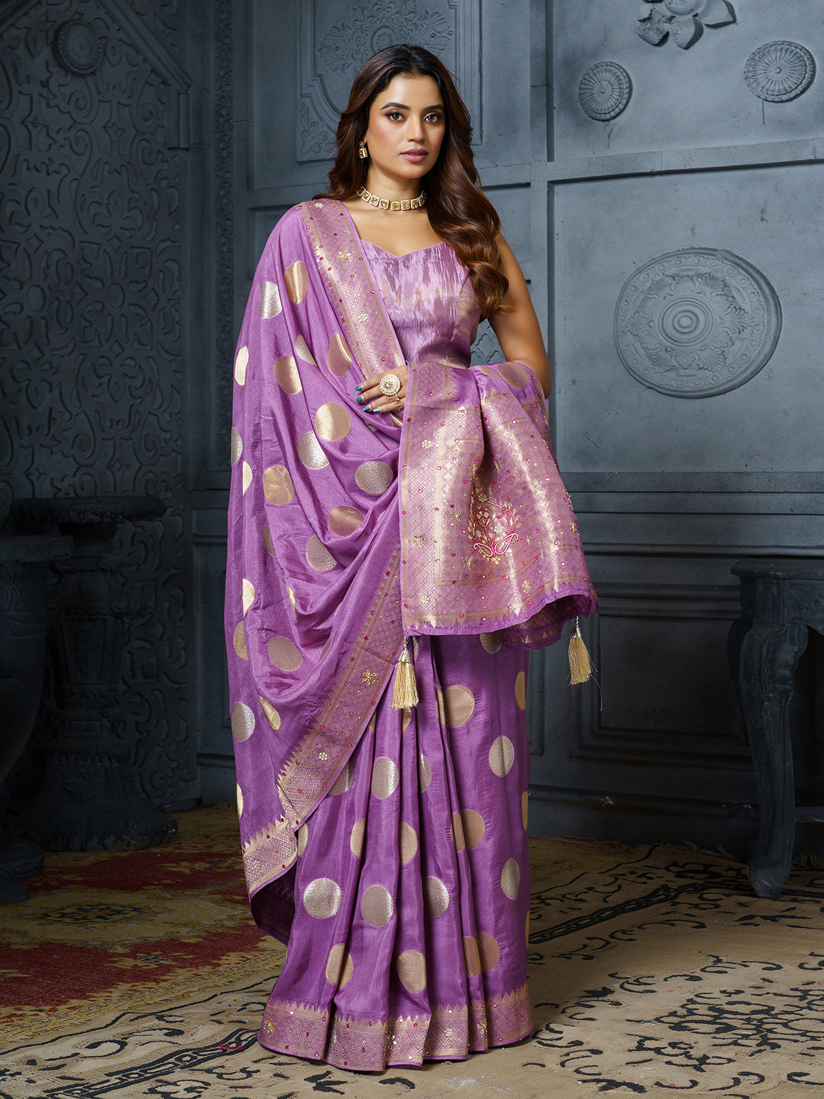 Lavender gold medallion designer saree for women