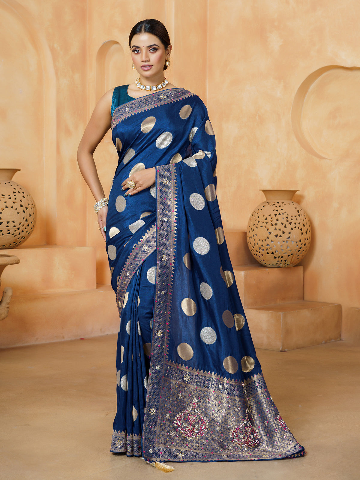Navy blue royal coin work dola silk saree for women
