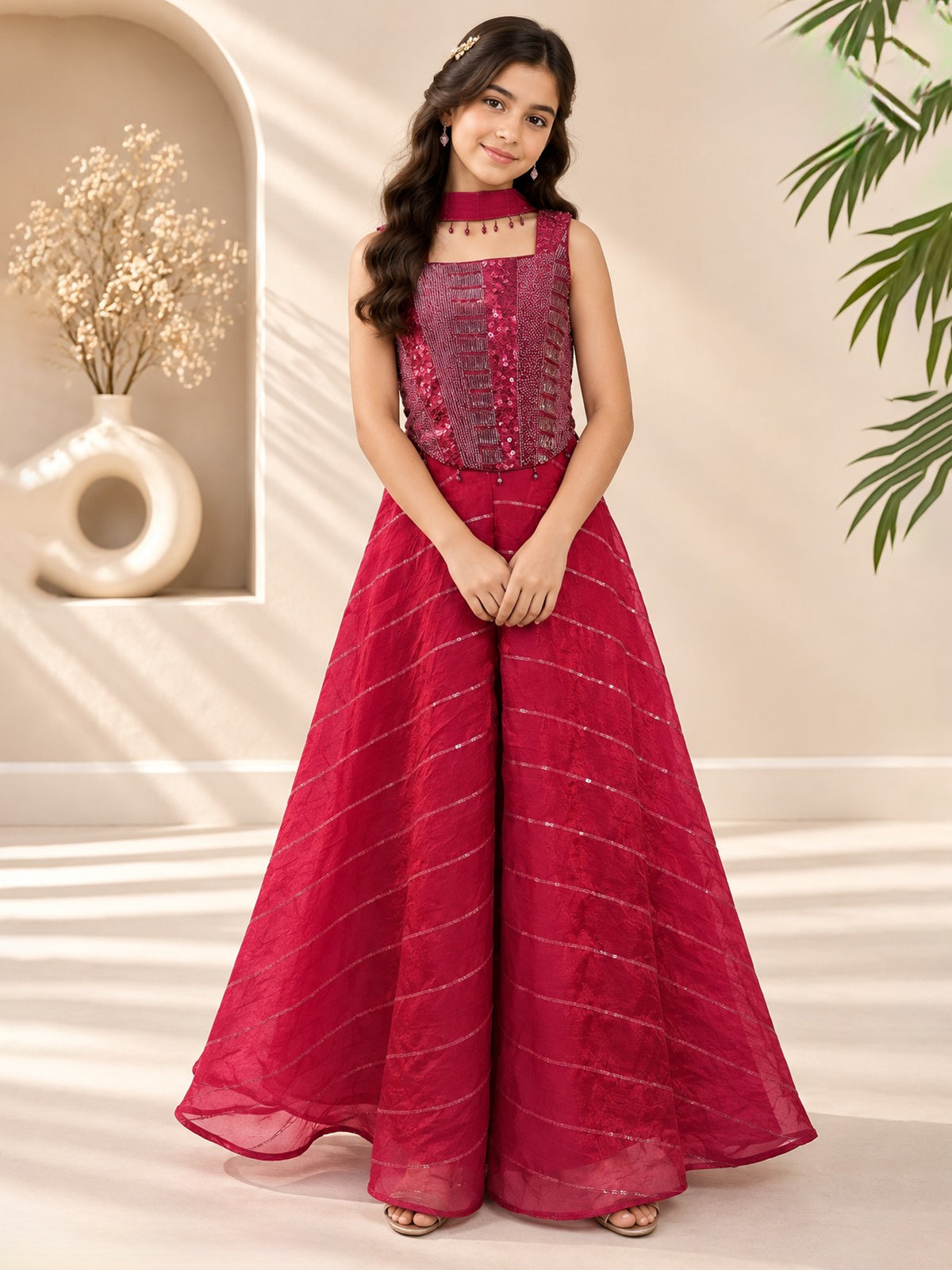 Red geometric girl palazzo suit with choker dupatta
