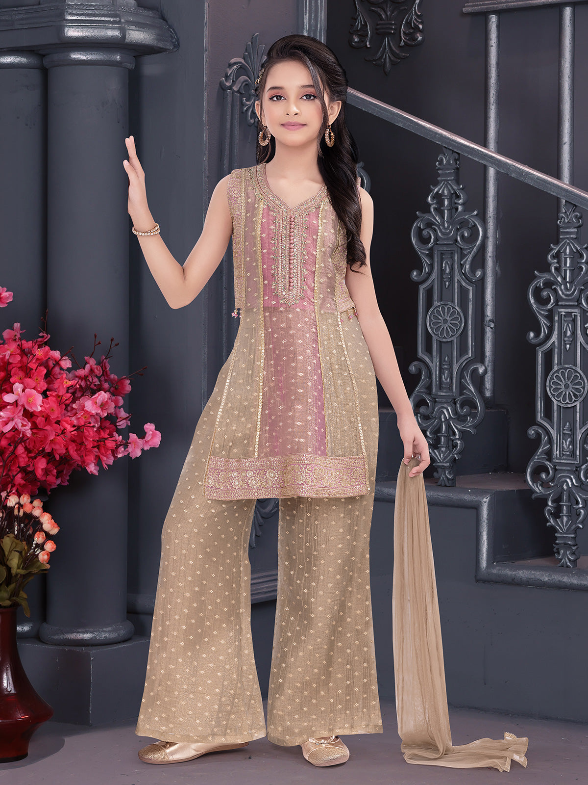 Beige designer girl palazzo suit