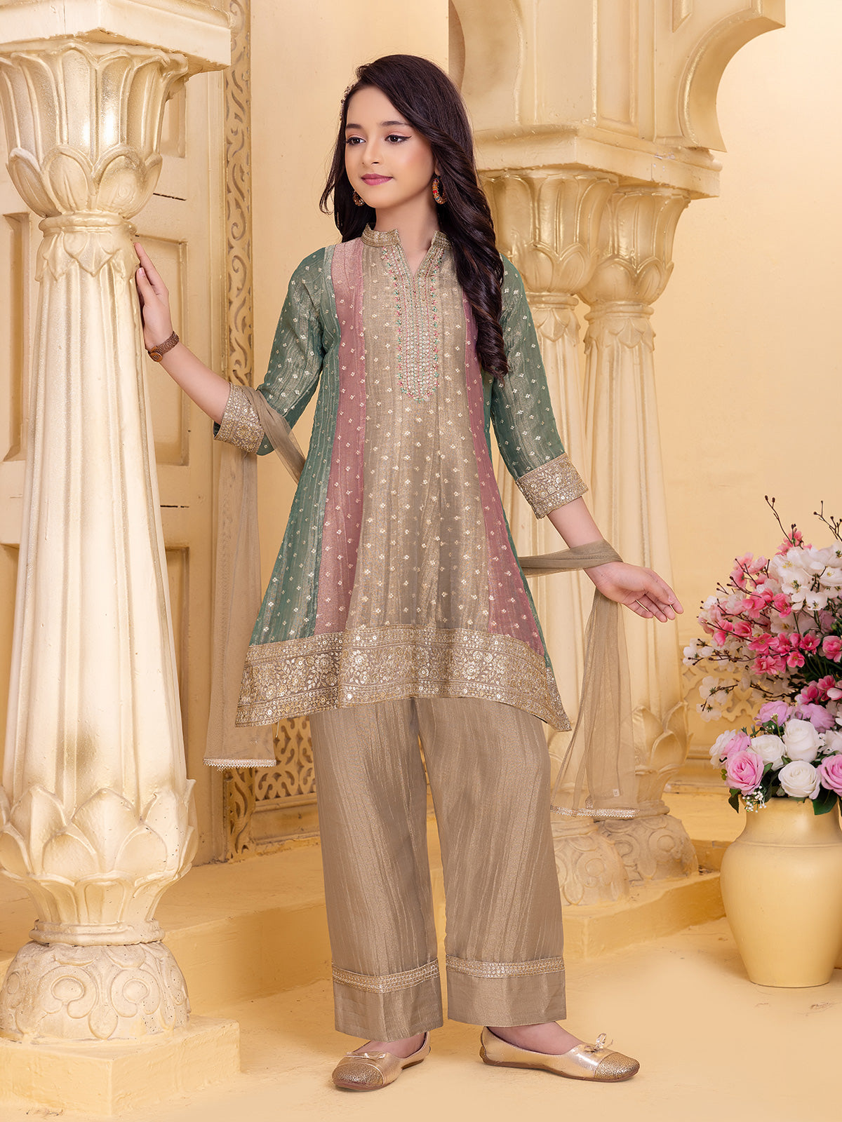 Beige heritage print girl salwar suit with dupatta
