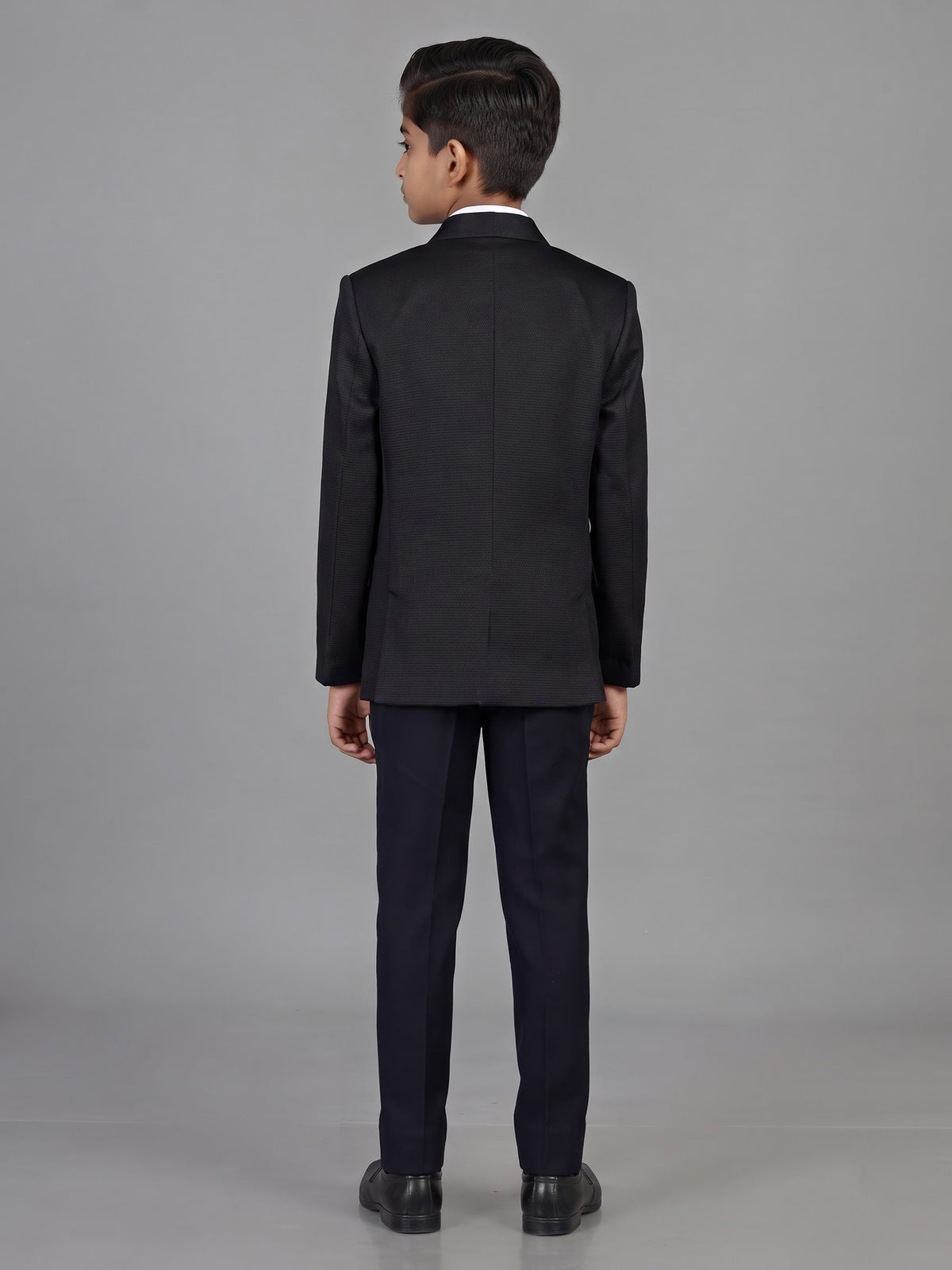 Black textured cotton blend boys coat suit with floral metal fasteners
