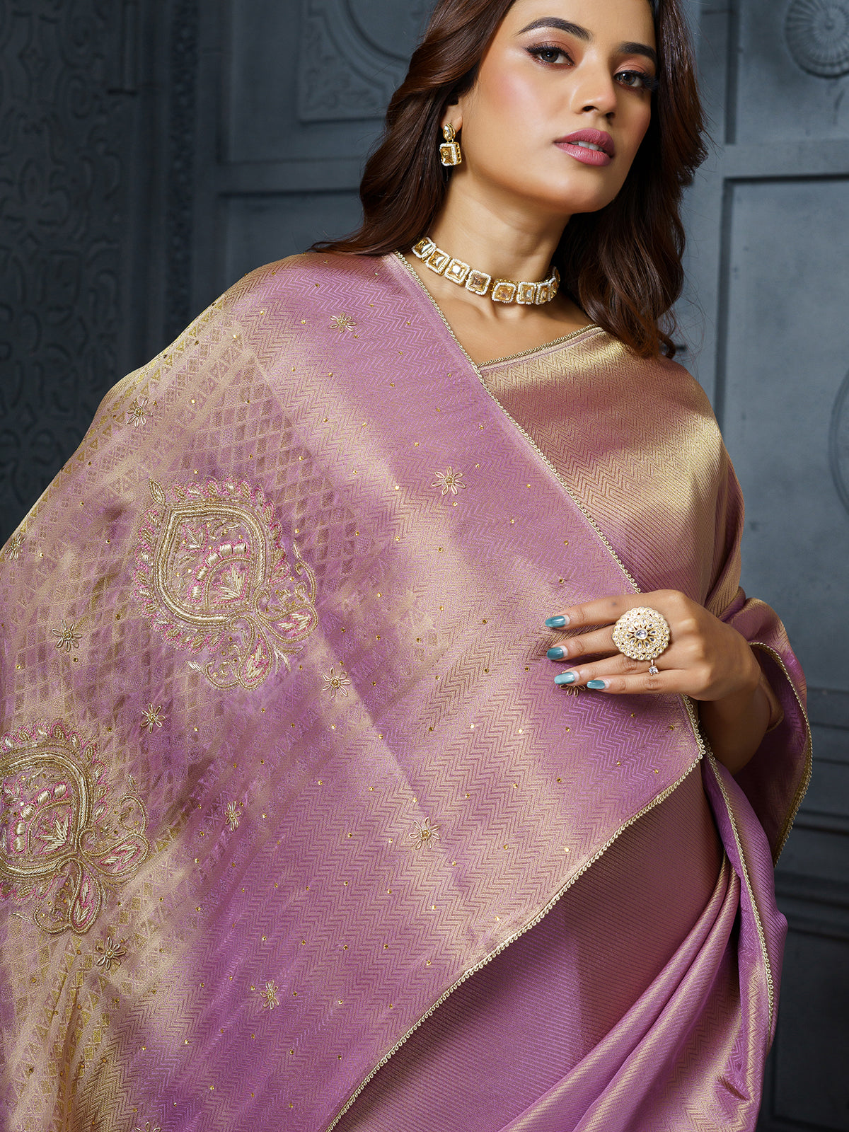 Pastel lavender ornamental medallion tissue saree for women