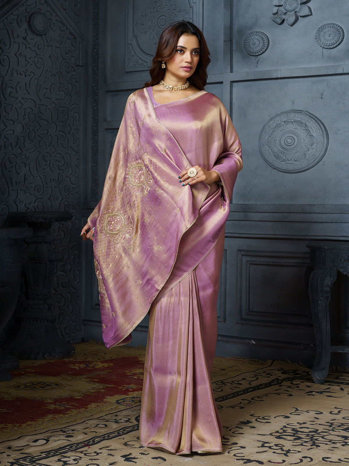 Pastel lavender ornamental medallion tissue saree for women
