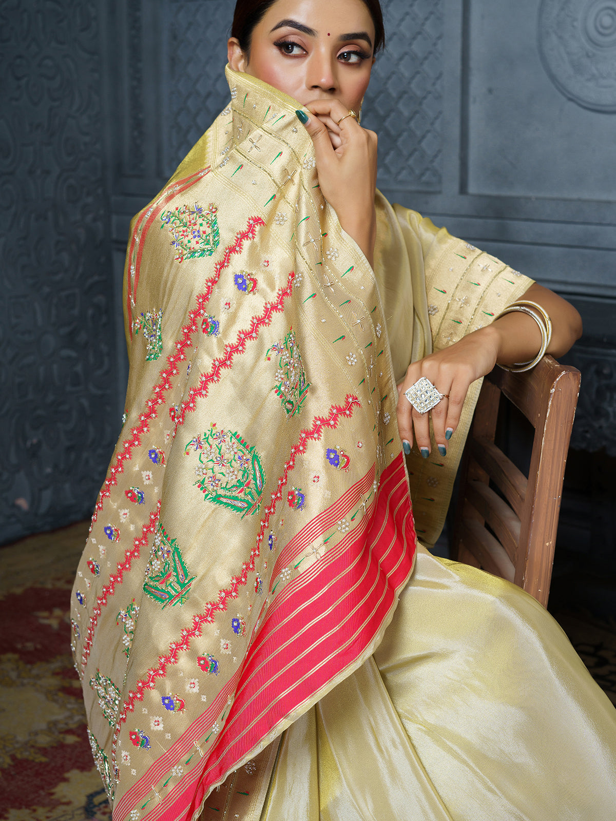 Butter gold meenakari floral tissue saree for women