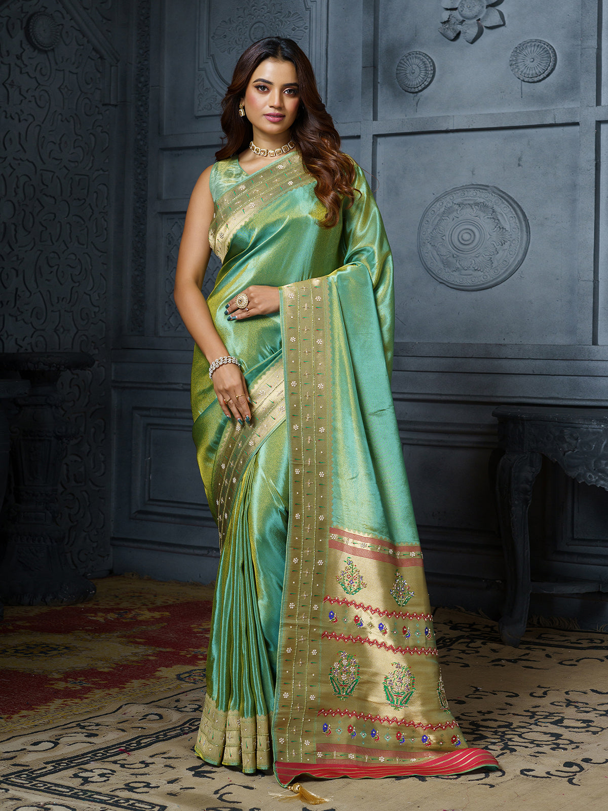 Green gujarati meenakari royal tissue saree for women