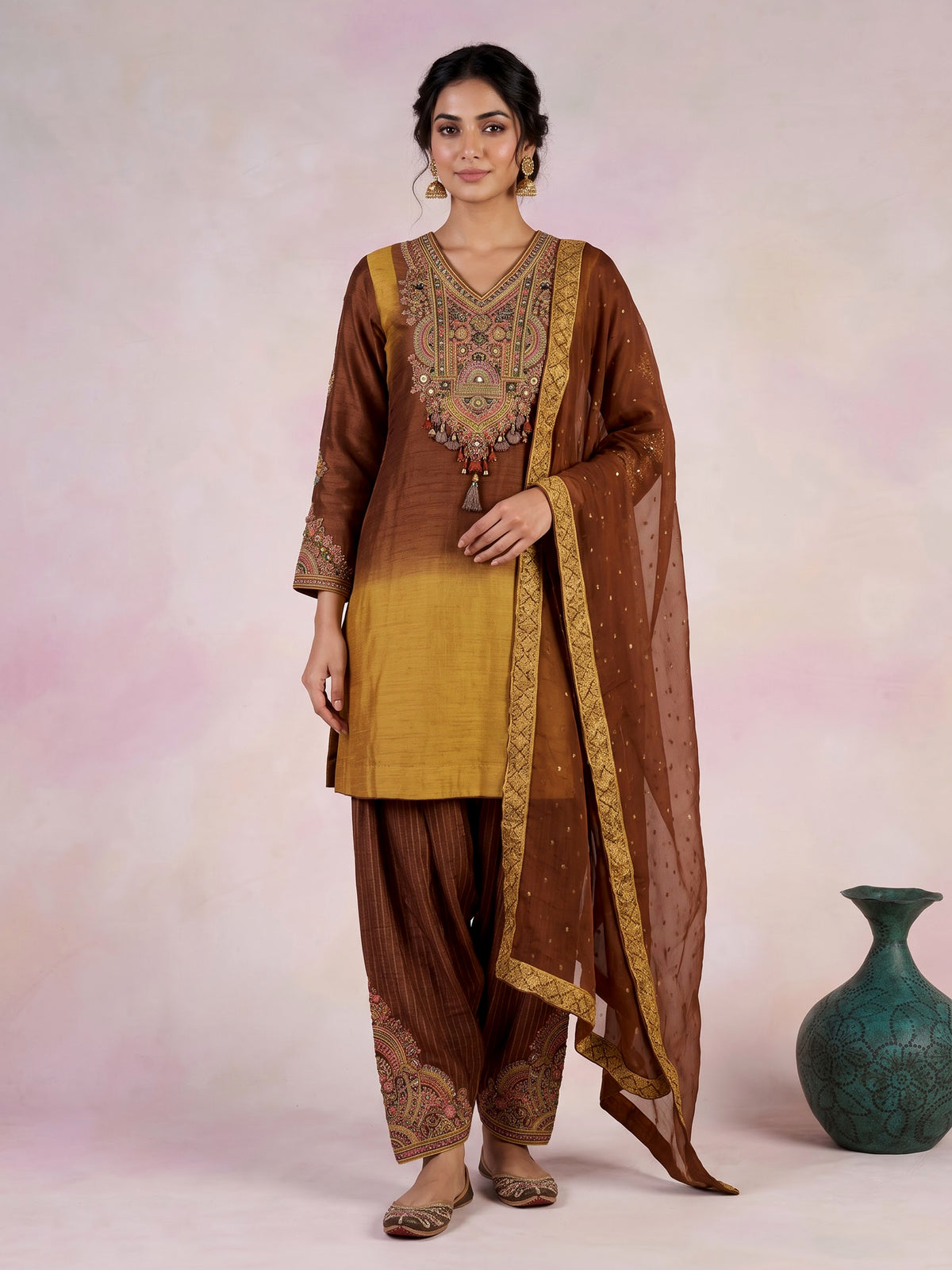 Coffee brown silk salwar suit with shaded dupatta detailing