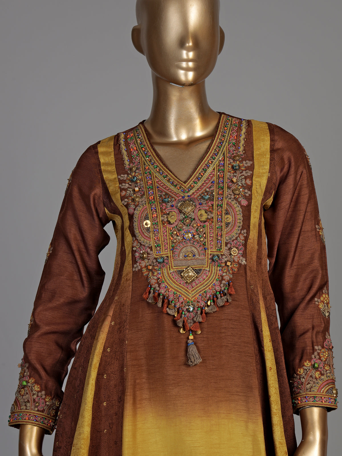 Coffee brown silk salwar suit with shaded dupatta detailing