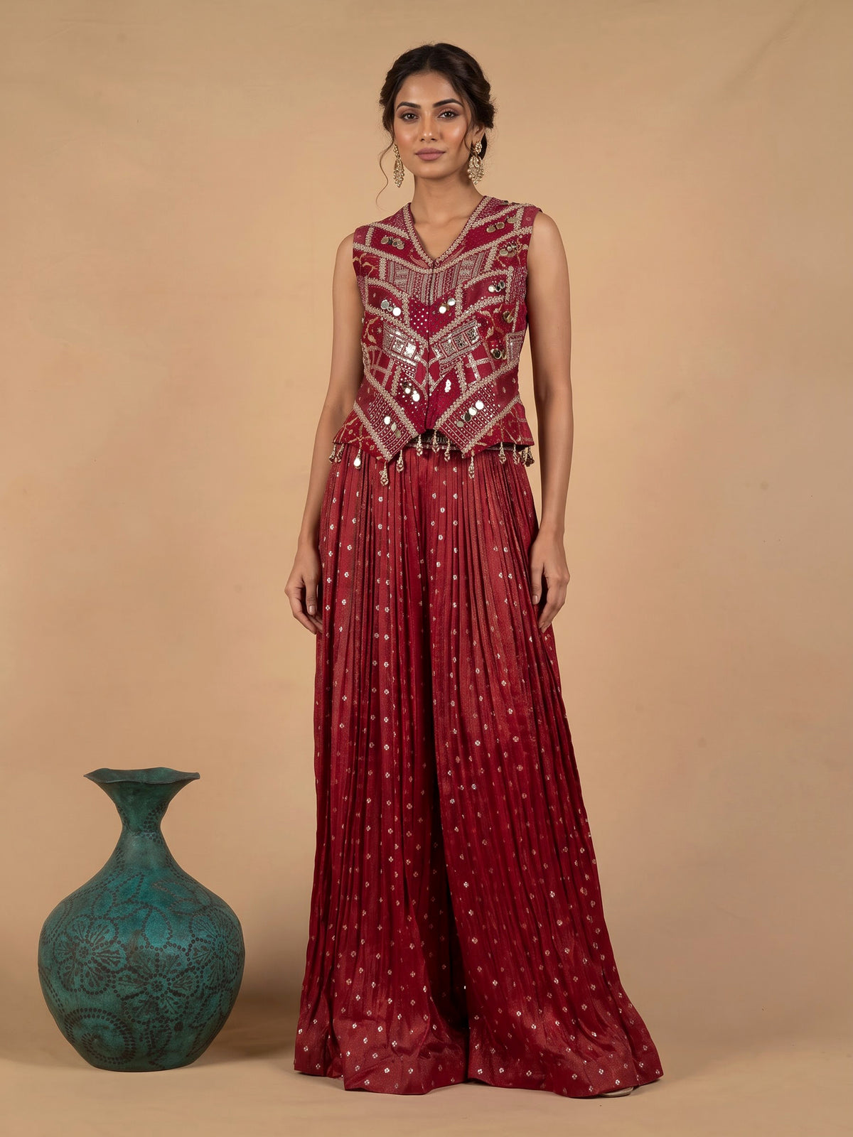 Maroon silk palazzo suit with mirror work and zari accents