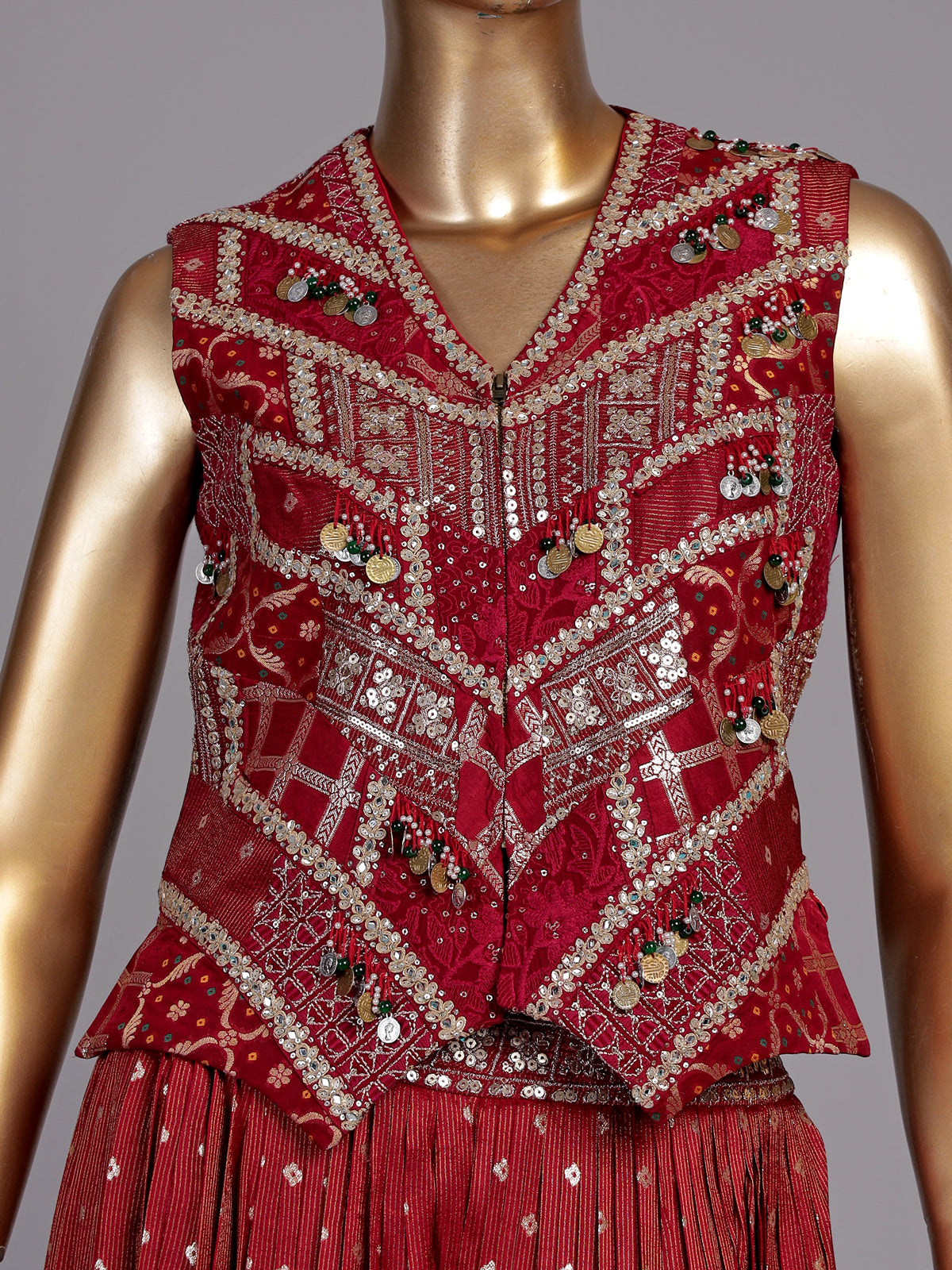 Maroon silk palazzo suit with mirror work and zari accents