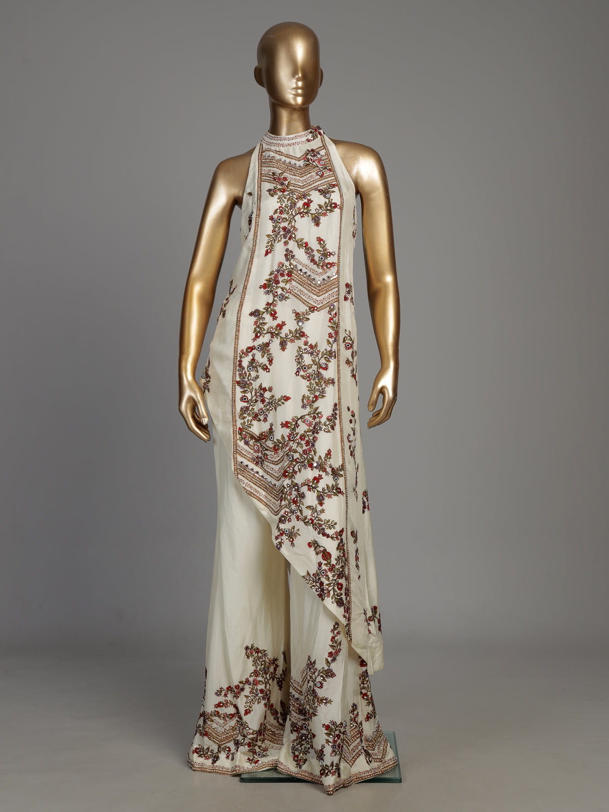Off white silk palazzo suit with floral prints and mirror embellishments