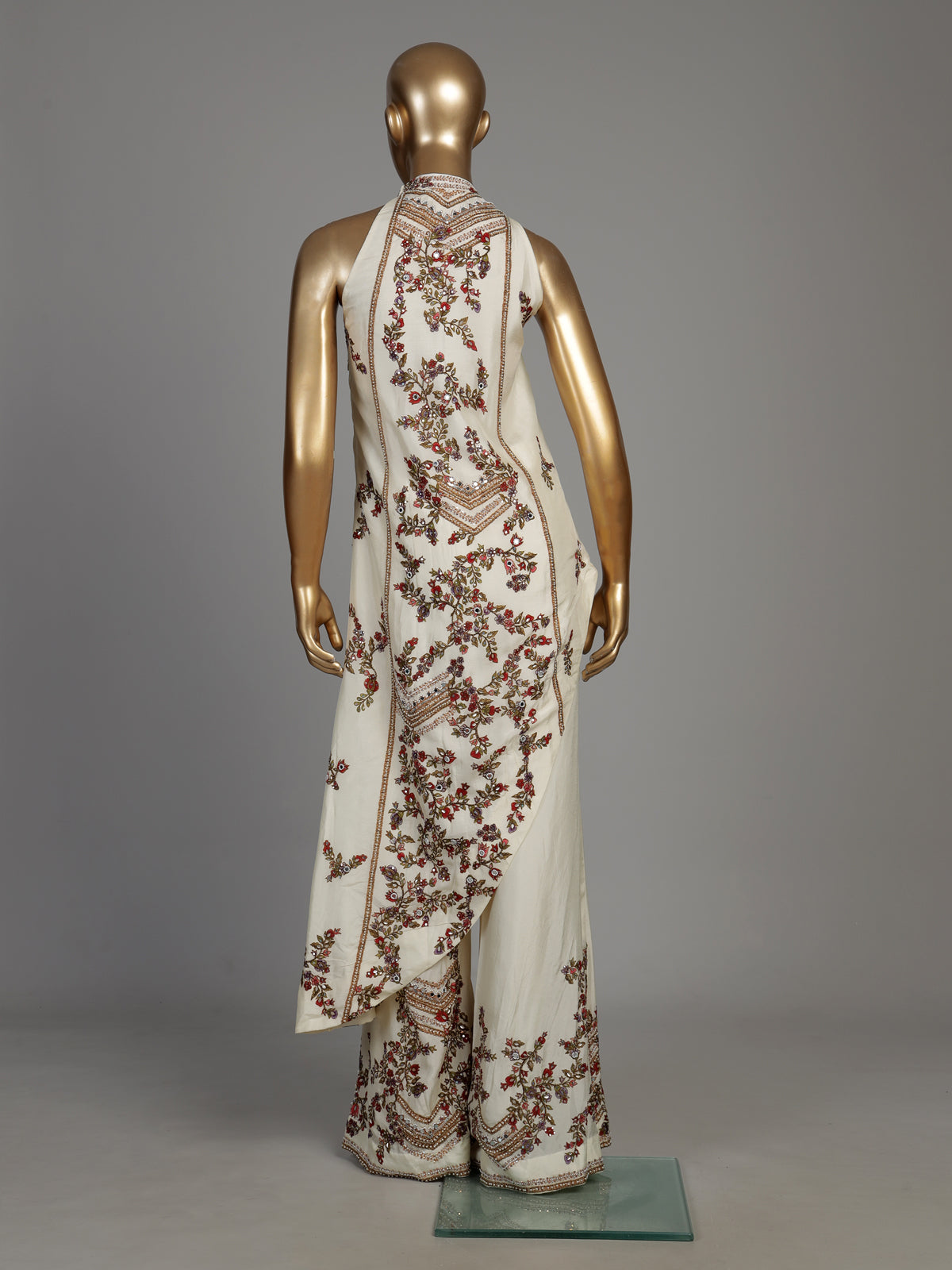 Off white silk palazzo suit with floral prints and mirror embellishments