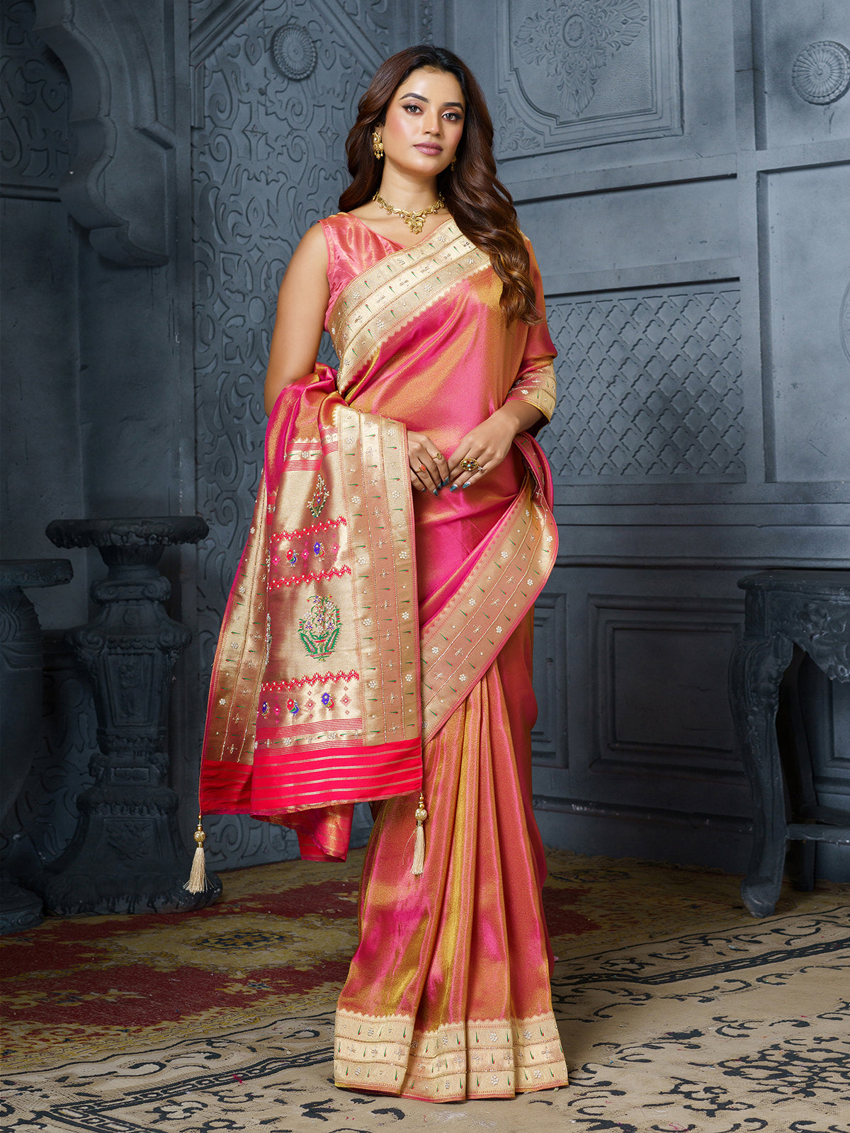 Pastel pink royal bouquet Meenakari tissue saree for women