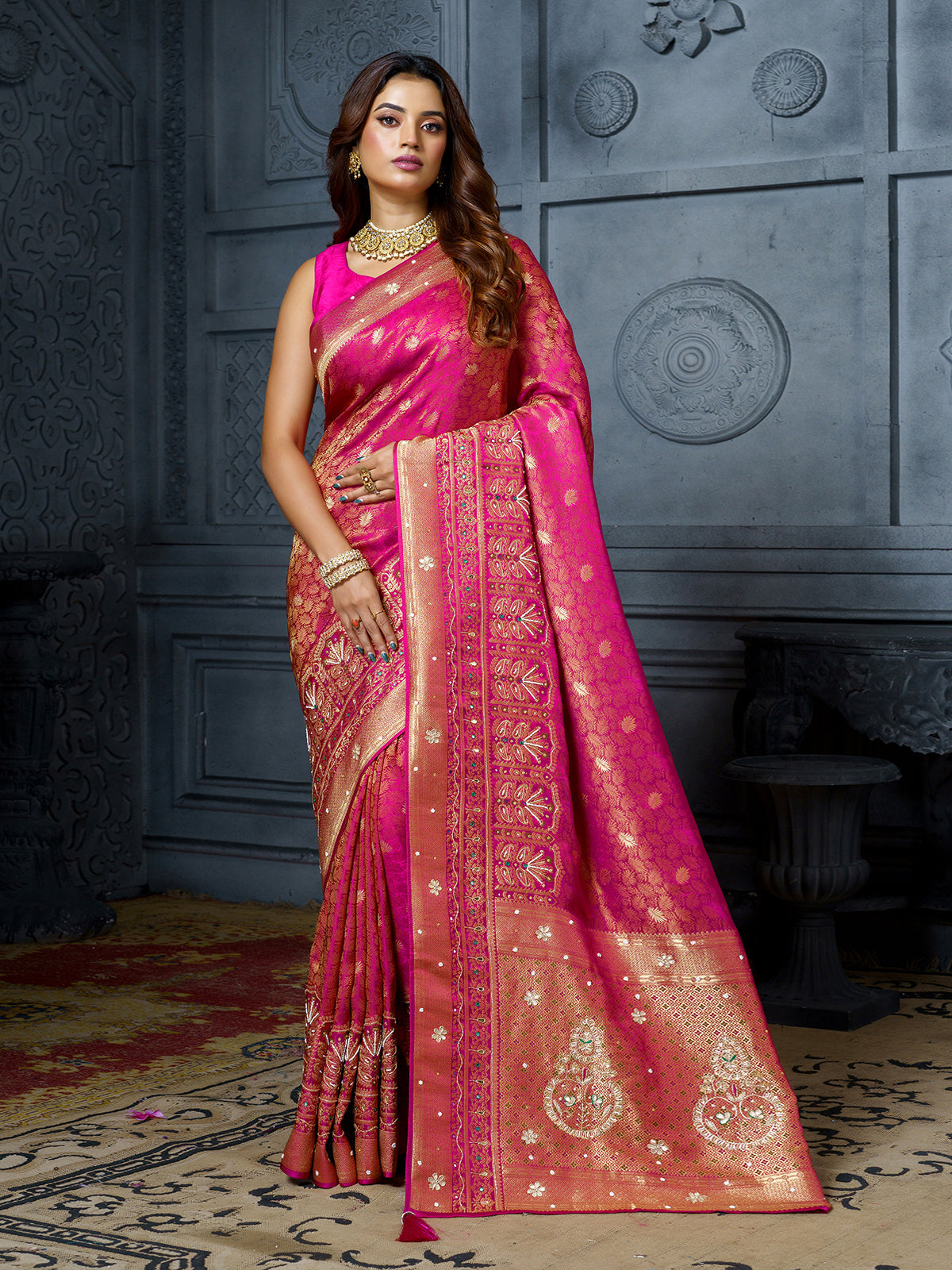 Pastel pink kashmiri resham paisley satin saree for women