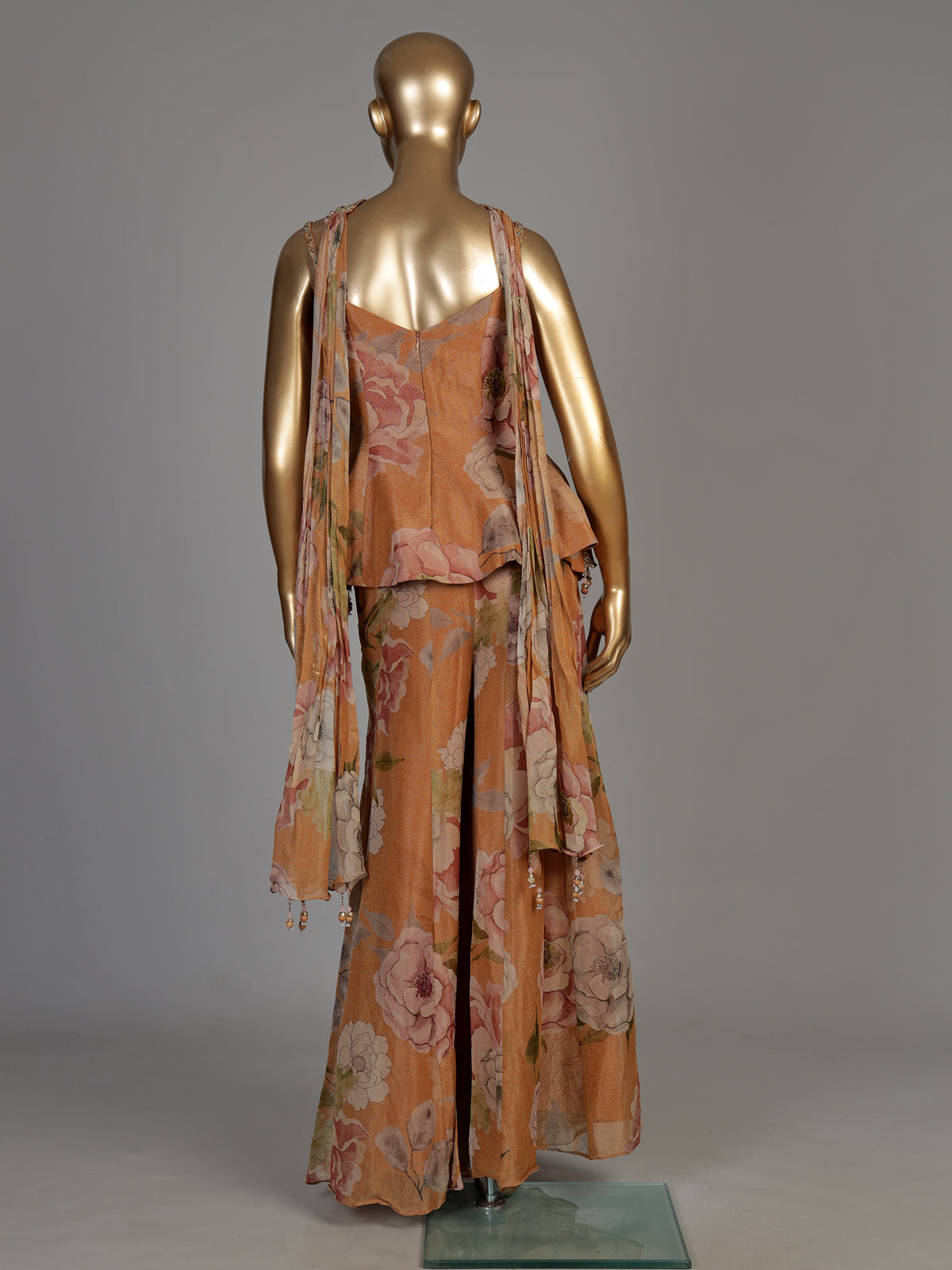 Pastel peach tissue silk palazzo suit with floral detailing