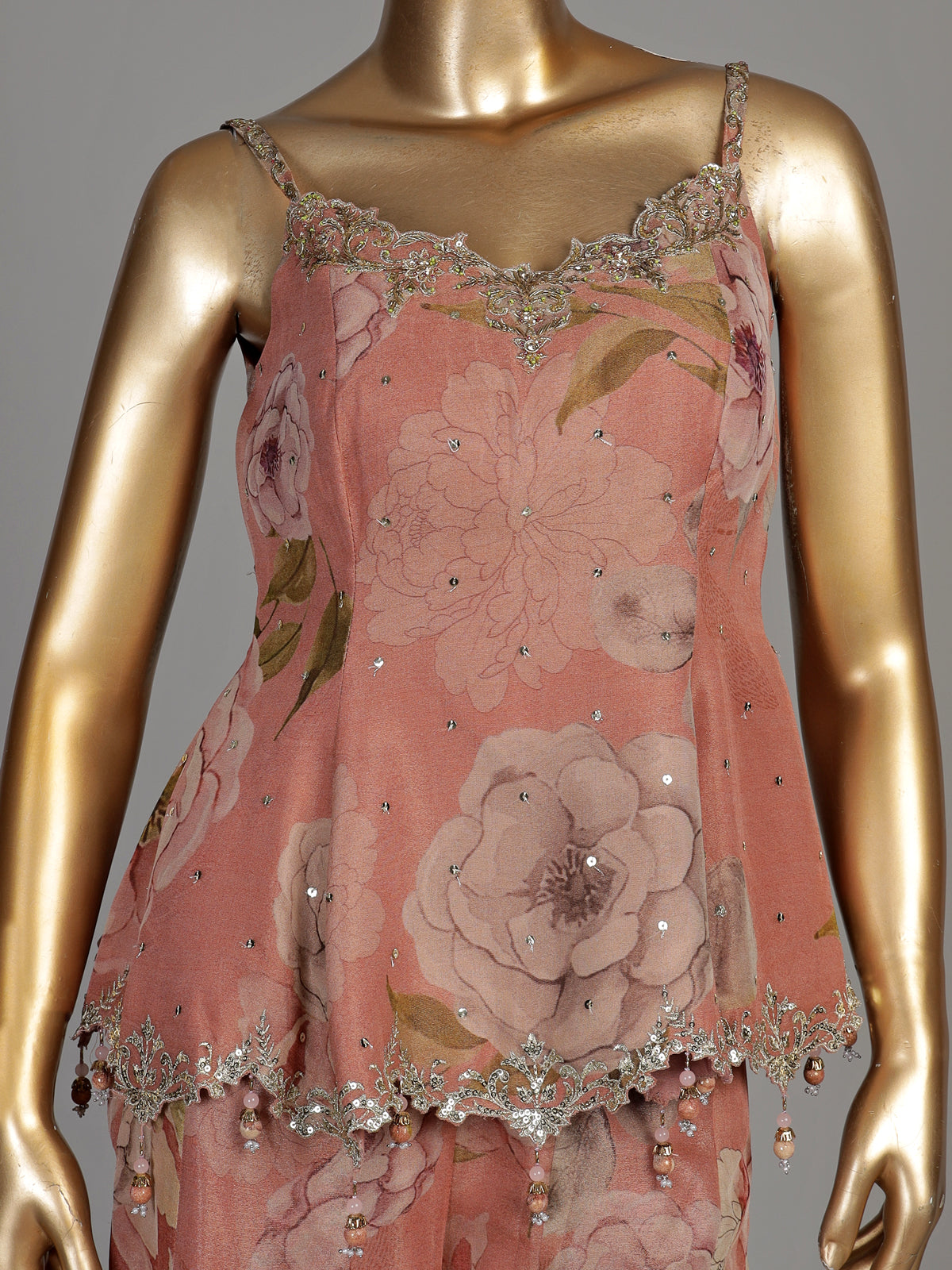 Pastel pink tissue silk palazzo suit with floral embellishments