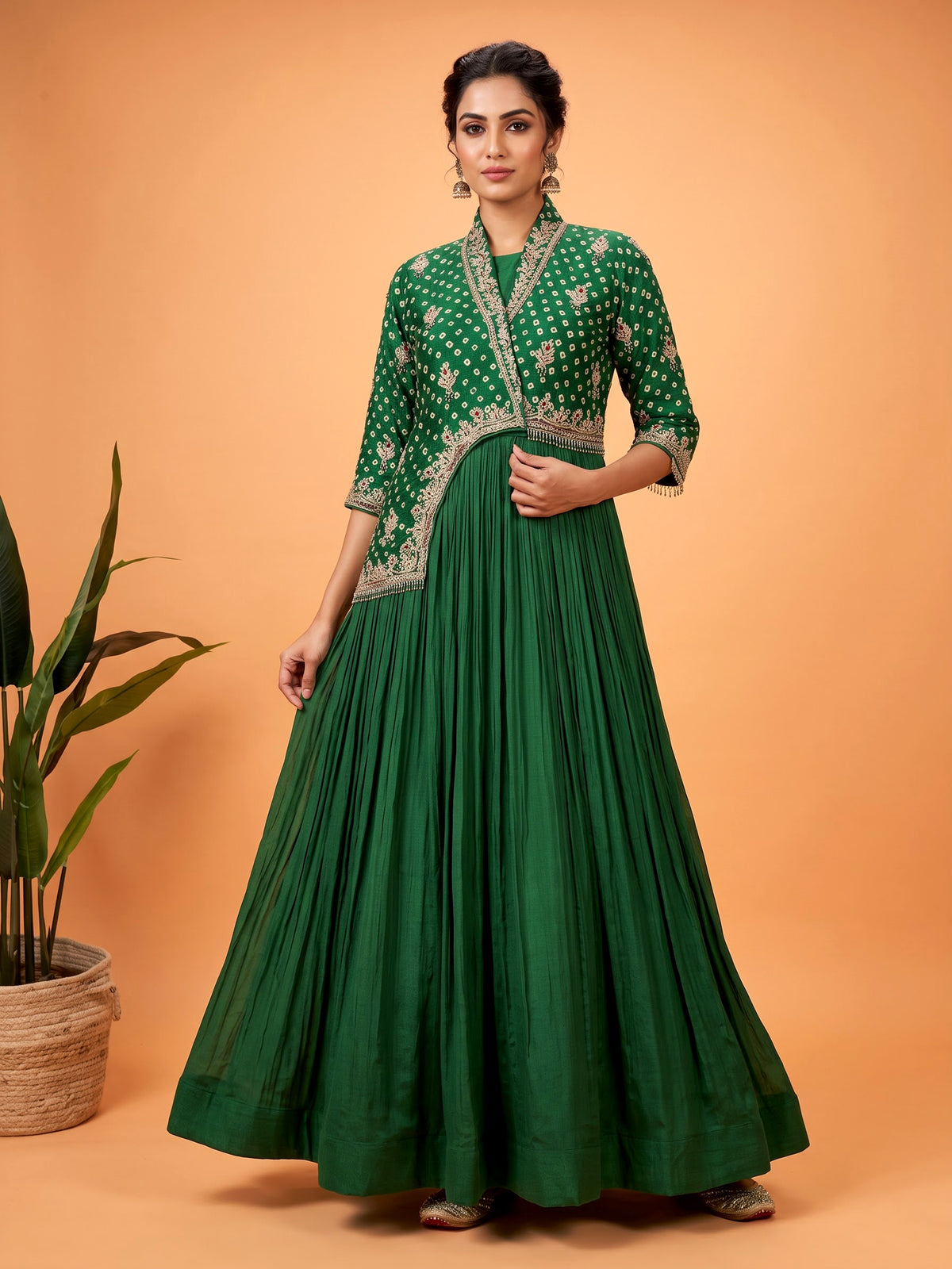 Green chiffon silk bandhani anarkali suit with gota embellishments
