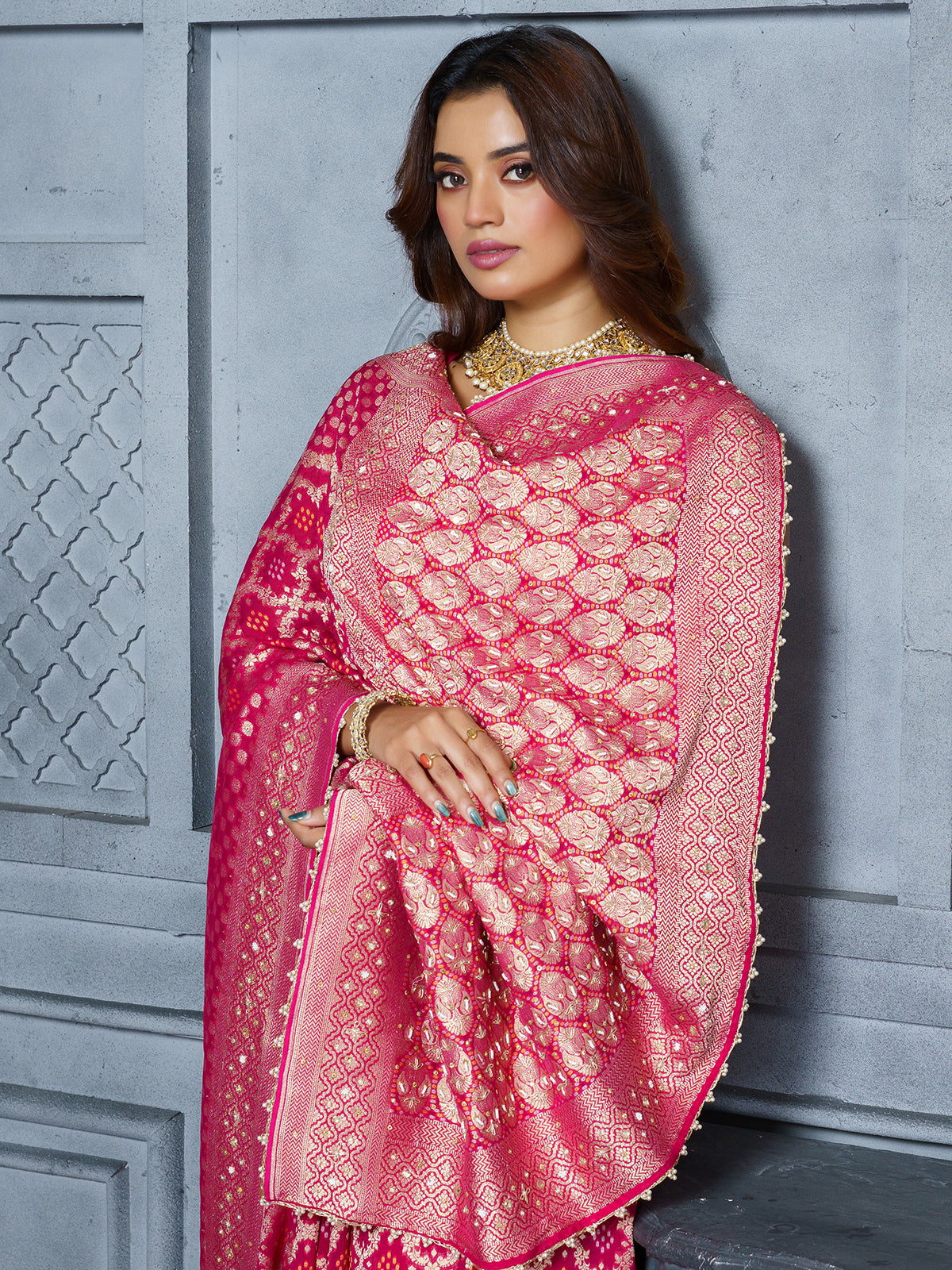 Pink bandhani paisley embellished georgette saree for women