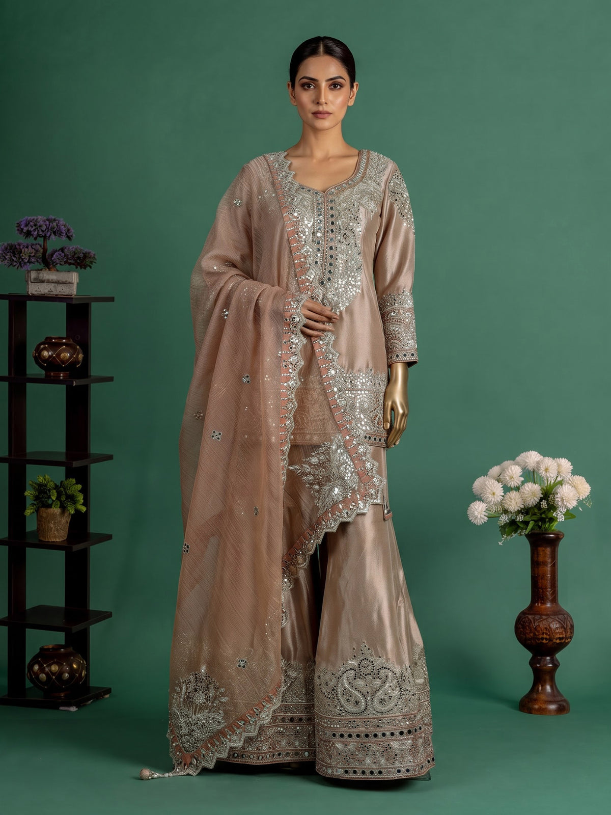 Pastel peach Pakistani silk palazzo suit with mirror embellishments