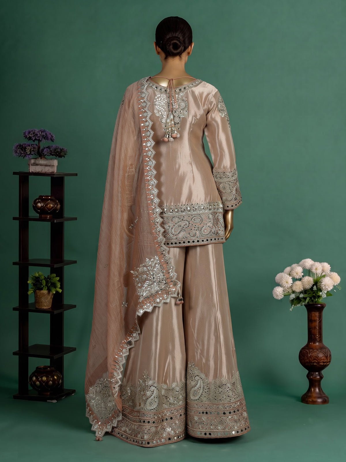 Pastel peach Pakistani silk palazzo suit with mirror embellishments