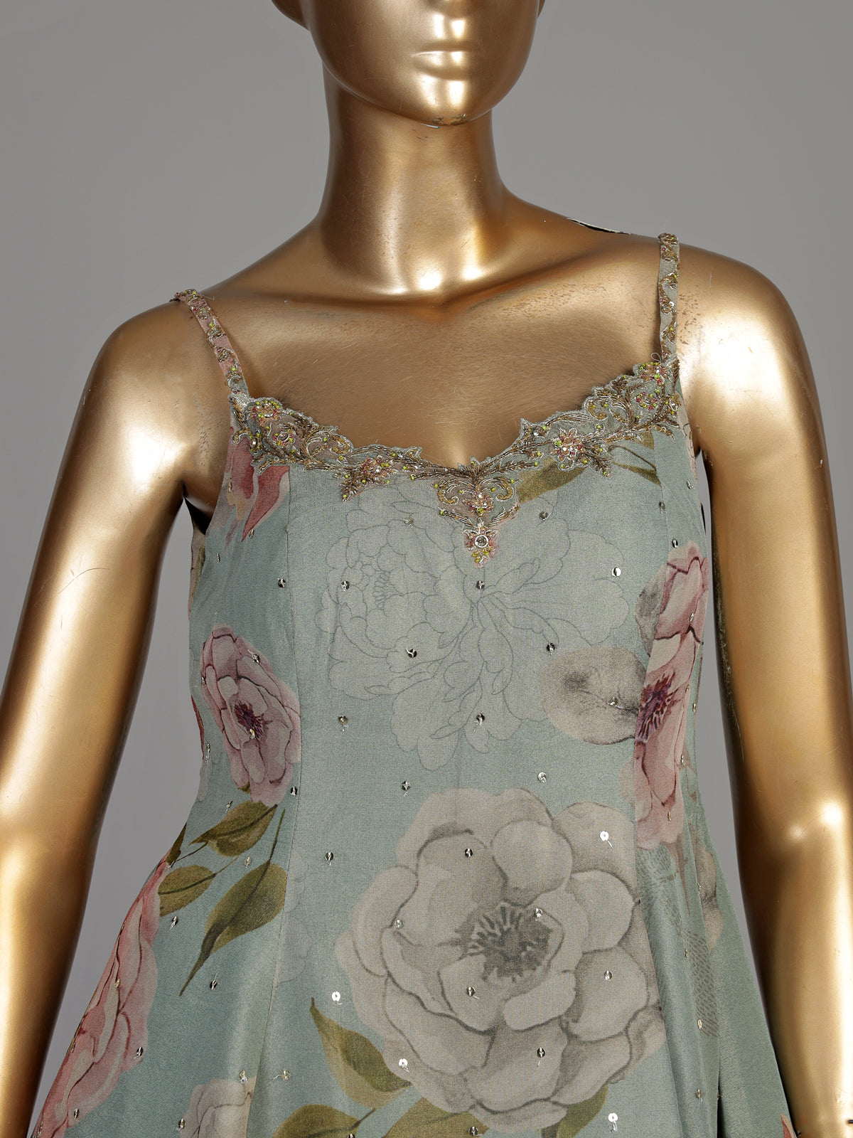 Pastel mint green tissue silk palazzo suit with floral embroidery