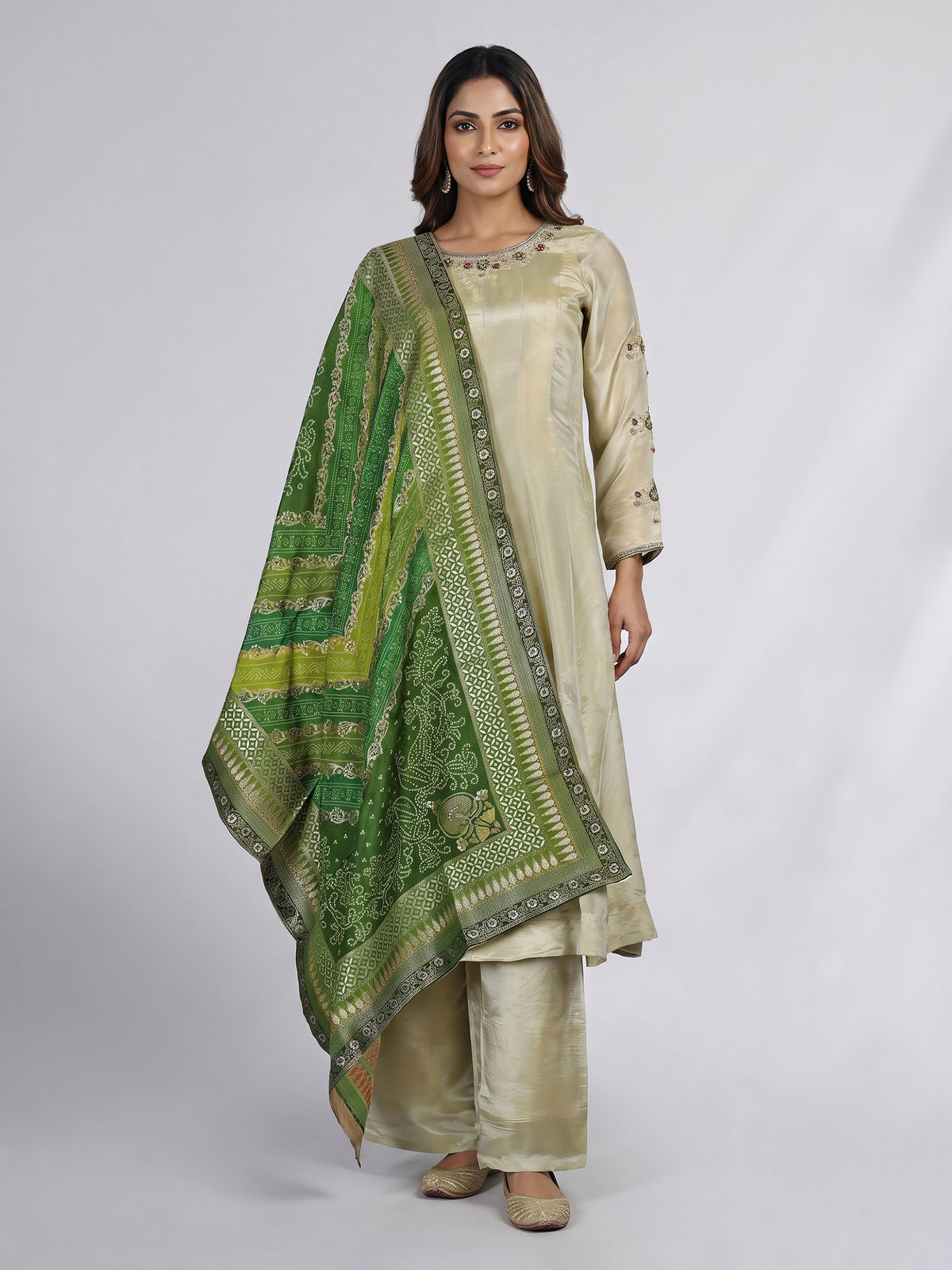 Pastel pista green tissue silk anarkali suit with diamond accents
