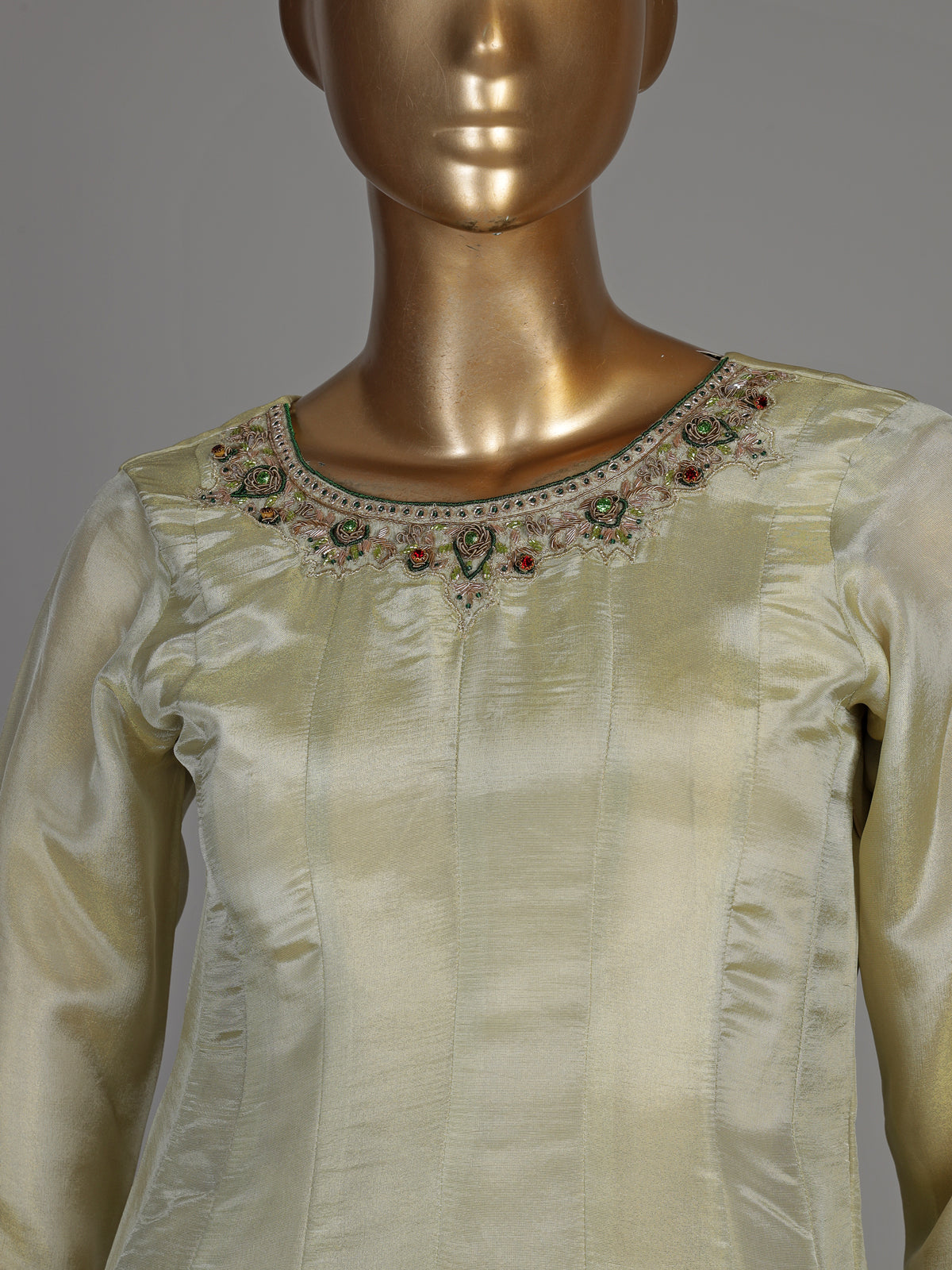 Pastel pista green tissue silk anarkali suit with diamond accents