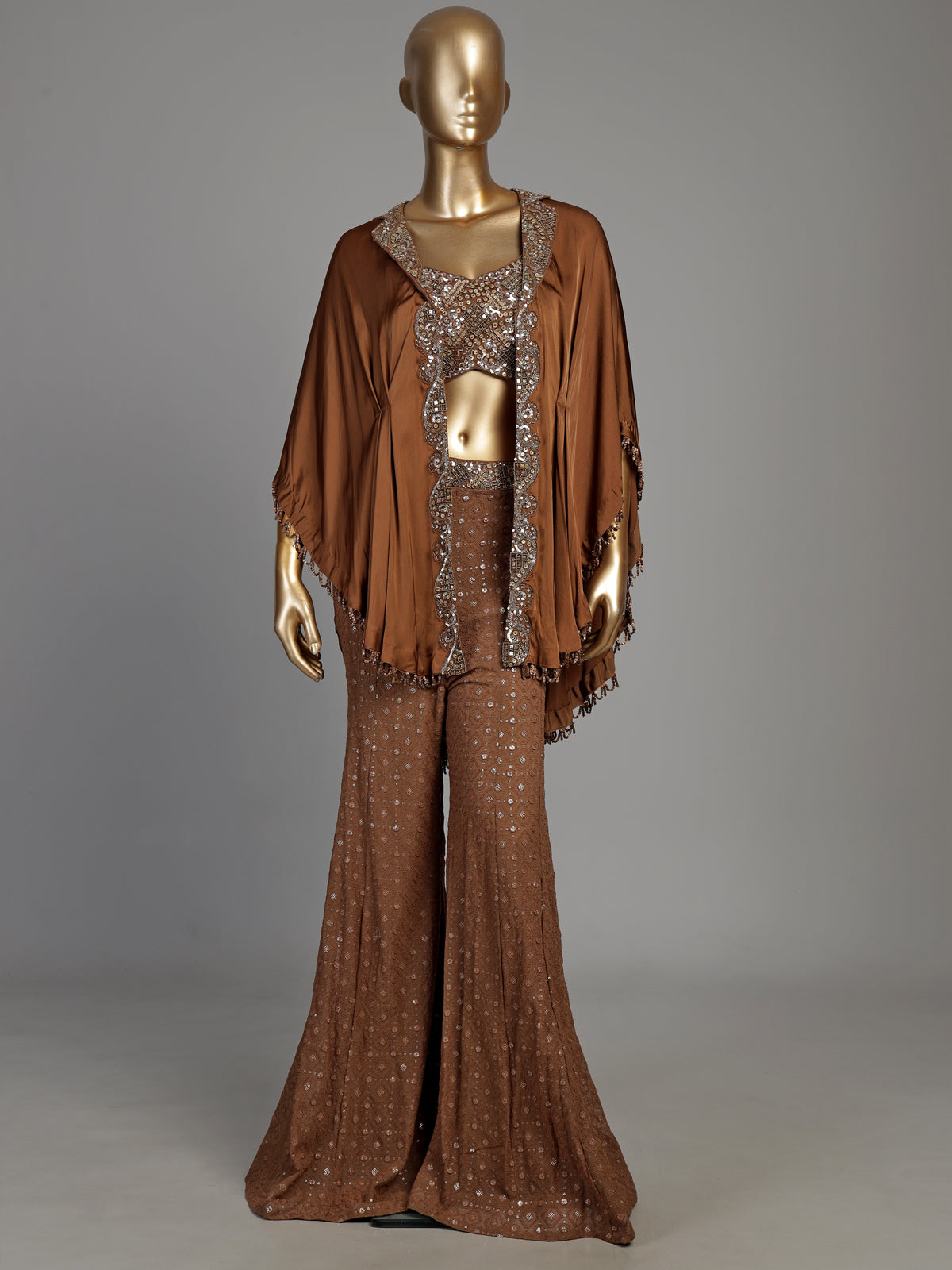 Brown satin silk palazzo suit with mirror work and tassel accents
