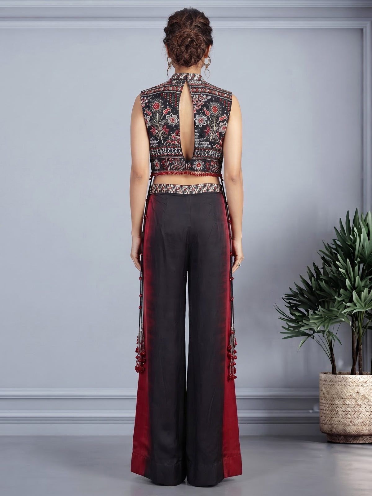 Black satin silk shaded palazzo suit with ornate bandhgala styling