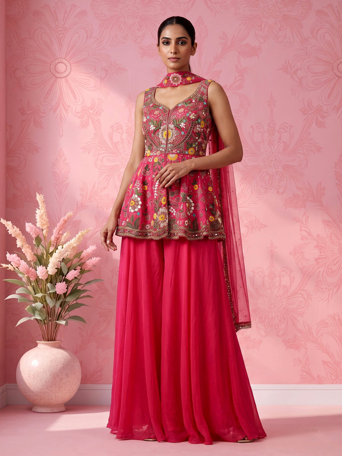 Rani pink silk palazzo suit with mirror work and net dupatta