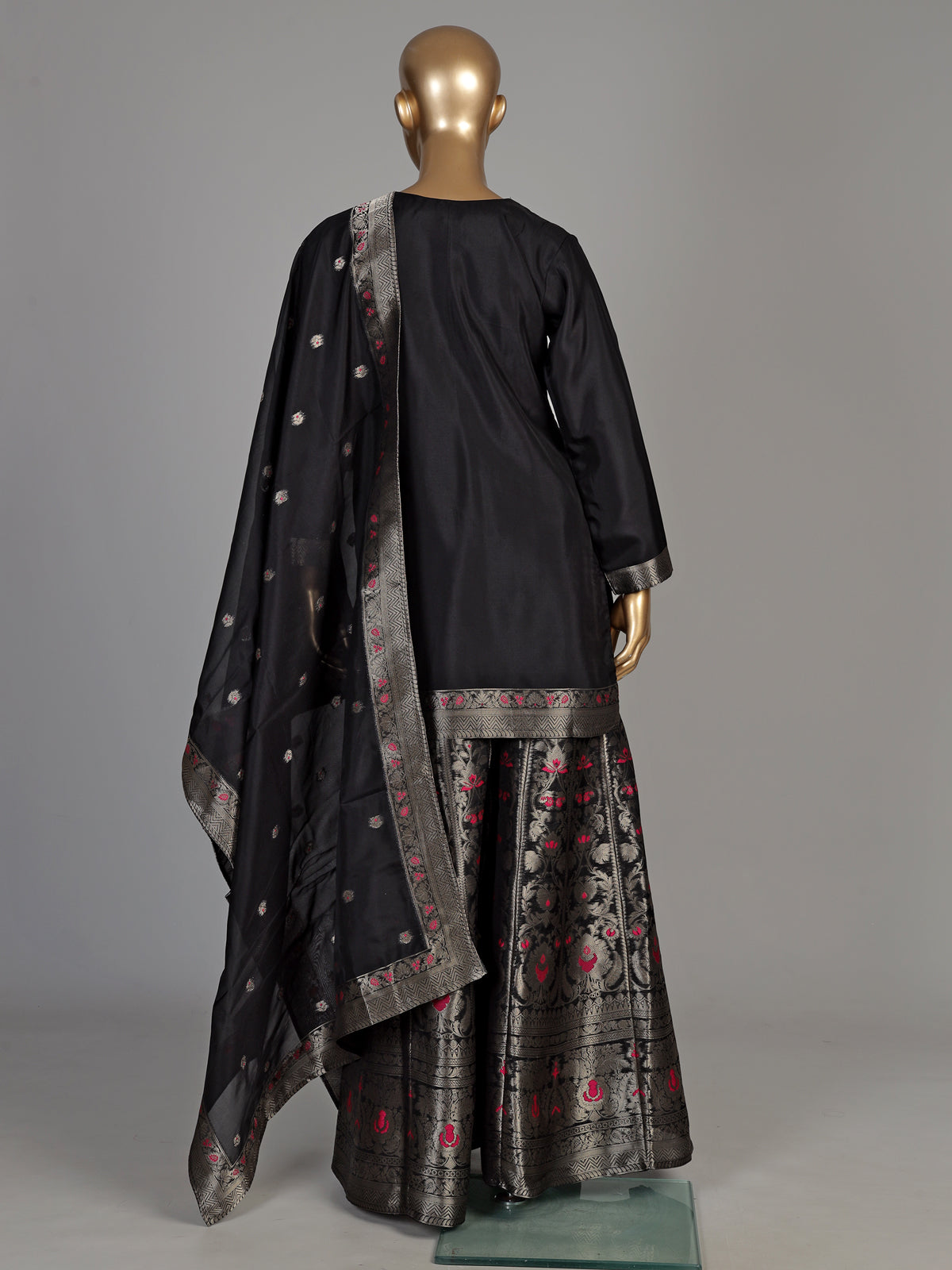 Black banarasi silk palazzo suit with an ornate zari yoke