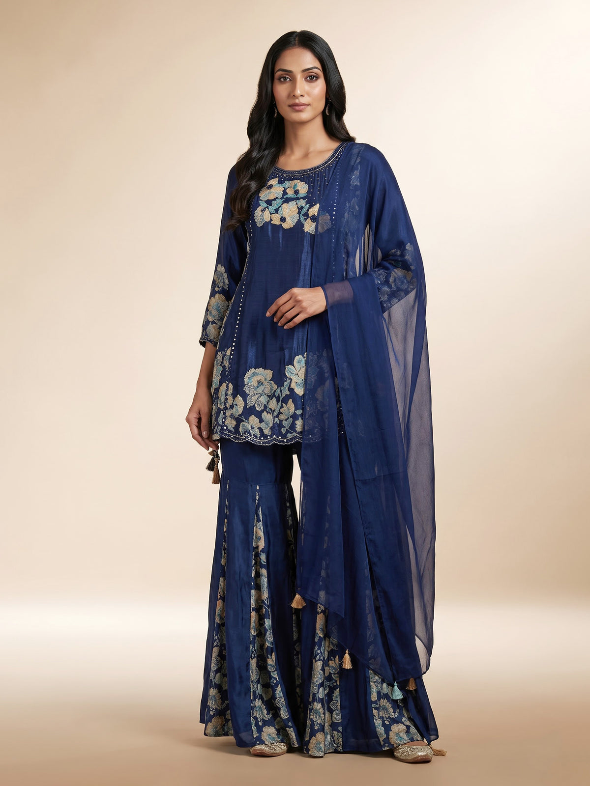 Blue silk palazzo suit with floral prints and resham work